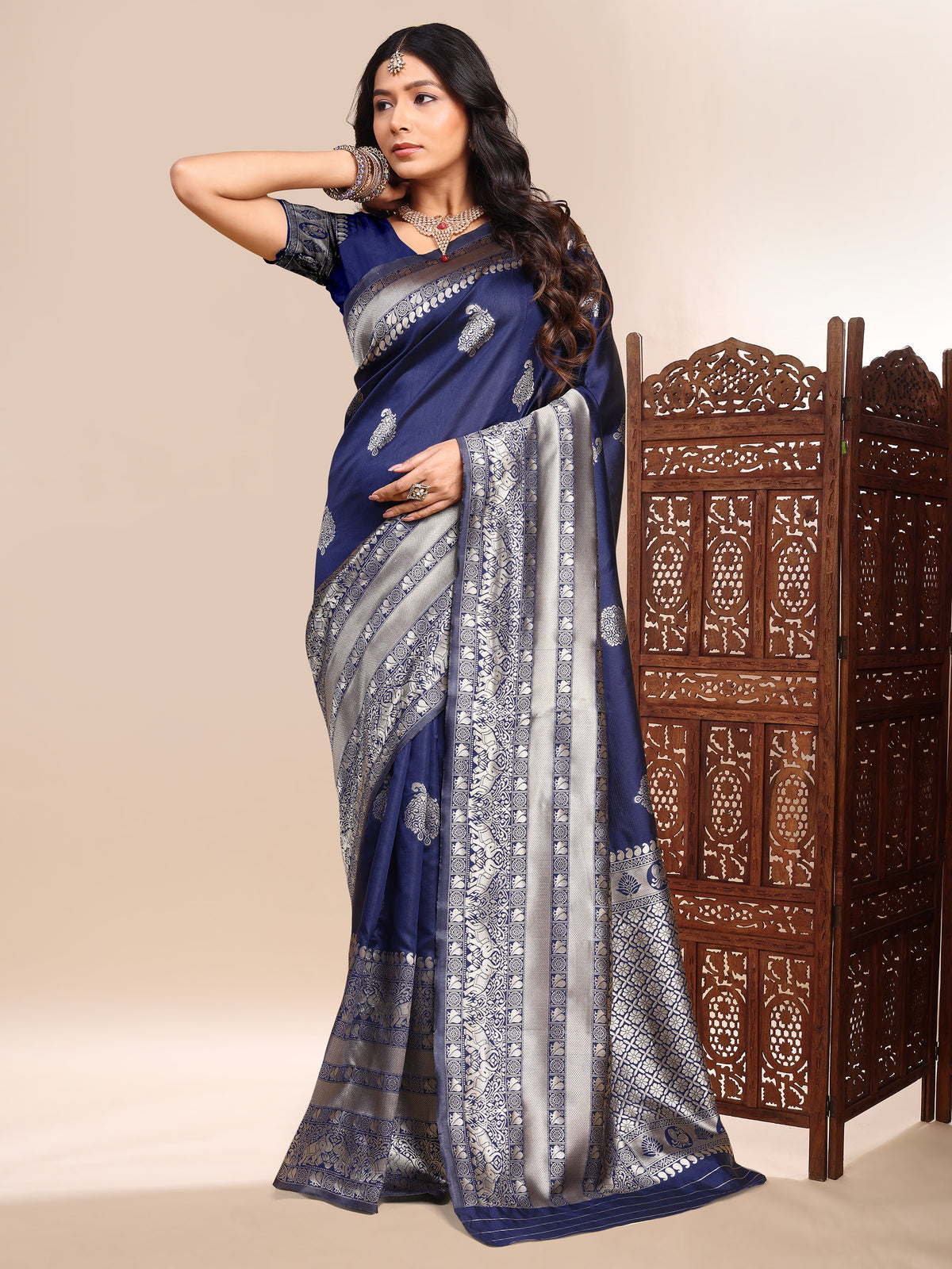 Luxury Navy Blue Lichi Silk Saree with Rich Zari Border