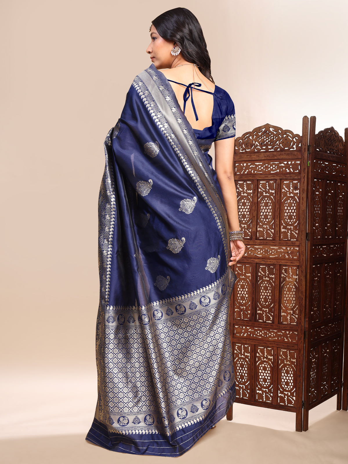 Luxury Navy Blue Lichi Silk Saree with Rich Zari Border