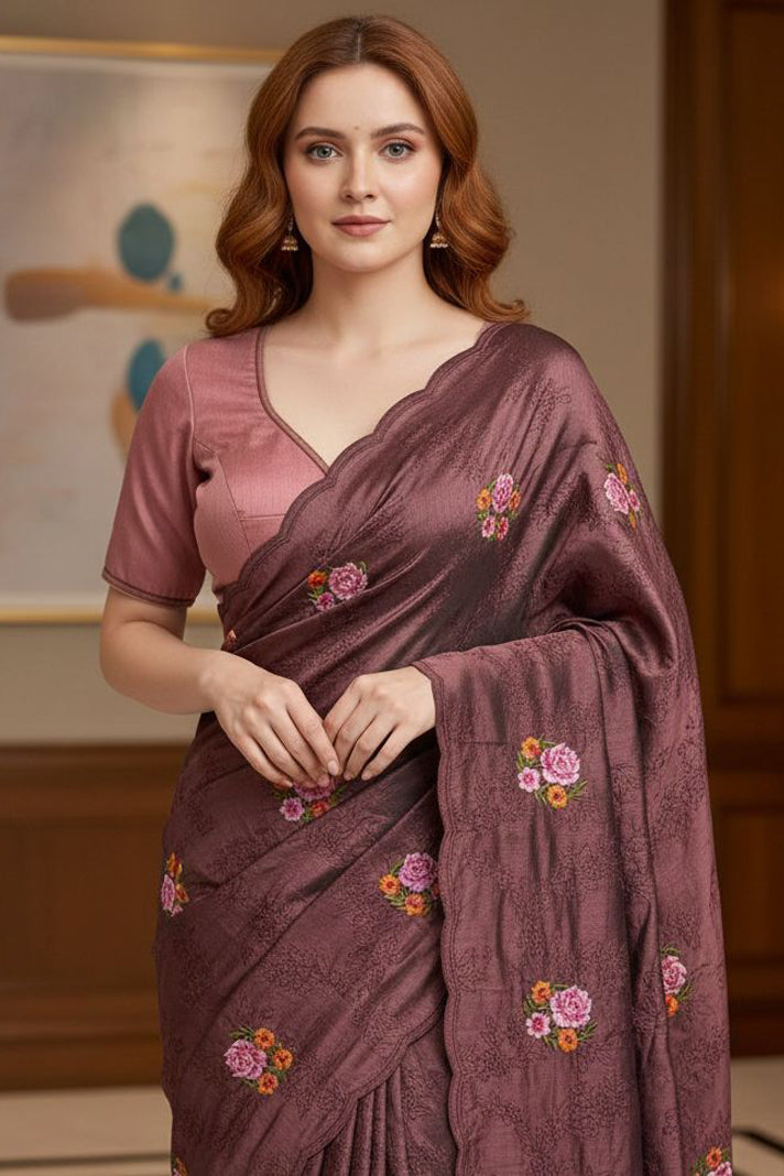 Luxury Wine Manipuri Silk Saree with Sequins Embroidery Design