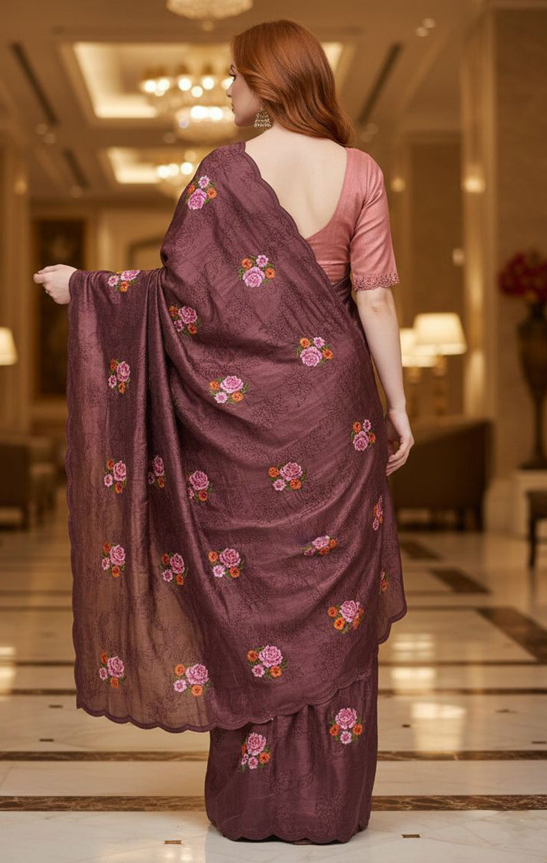 Luxury Wine Manipuri Silk Saree with Sequins Embroidery Design