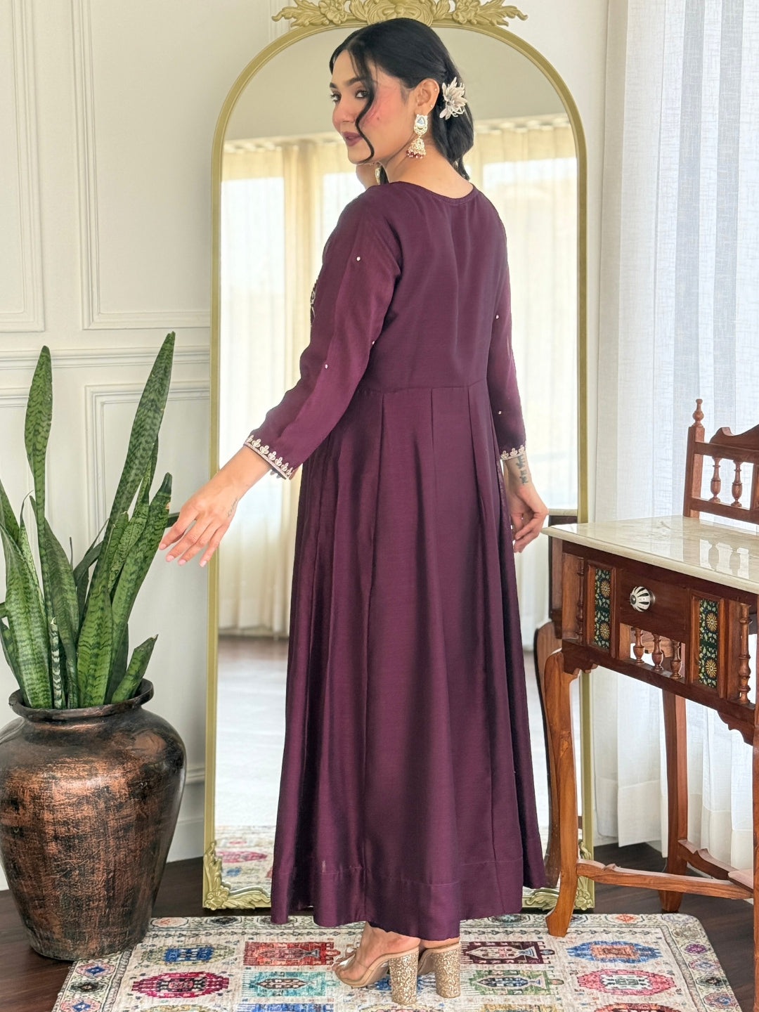 Wine Vichitra Silk Elegant Kurta Pant Set With Embroidery Work
