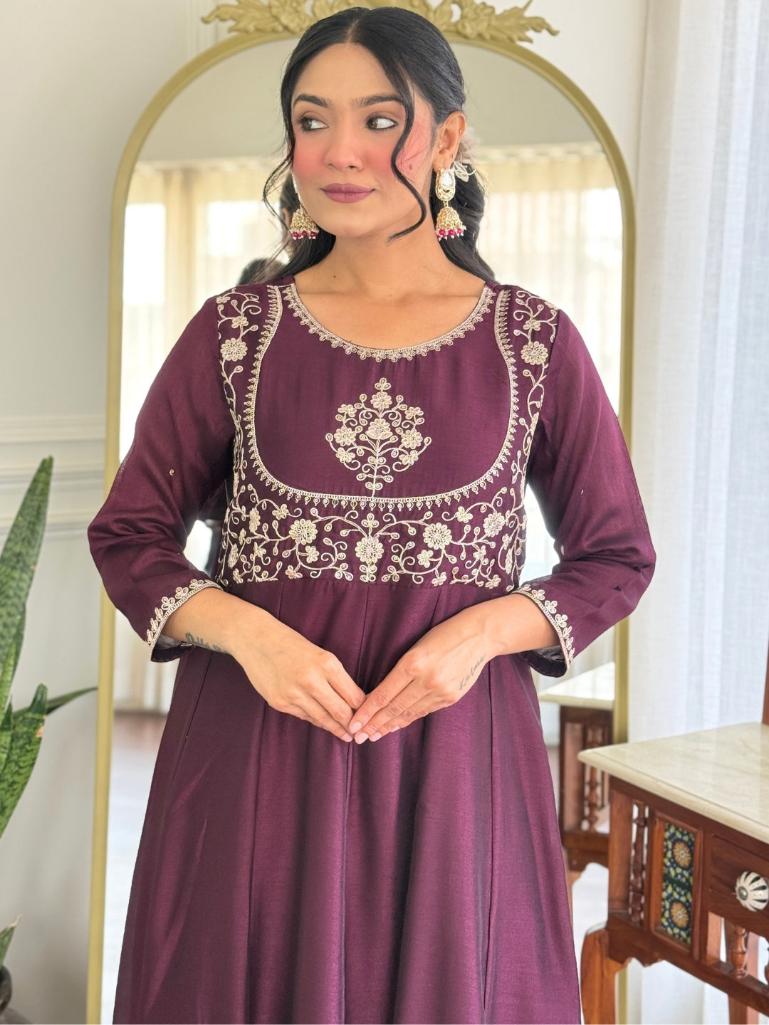 Wine Vichitra Silk Elegant Kurta Pant Set With Embroidery Work