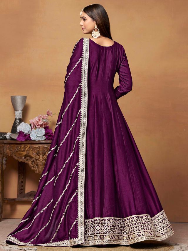 Magenta Anarkali Suit With Heavy Thread Embroidery With Sequis Work