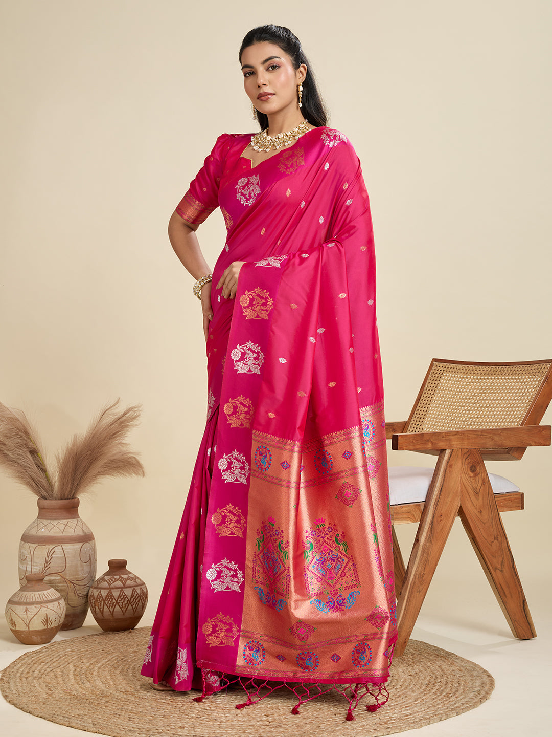Magenta Banarasi Silk Saree with Silver Butti and Paithani Pallu