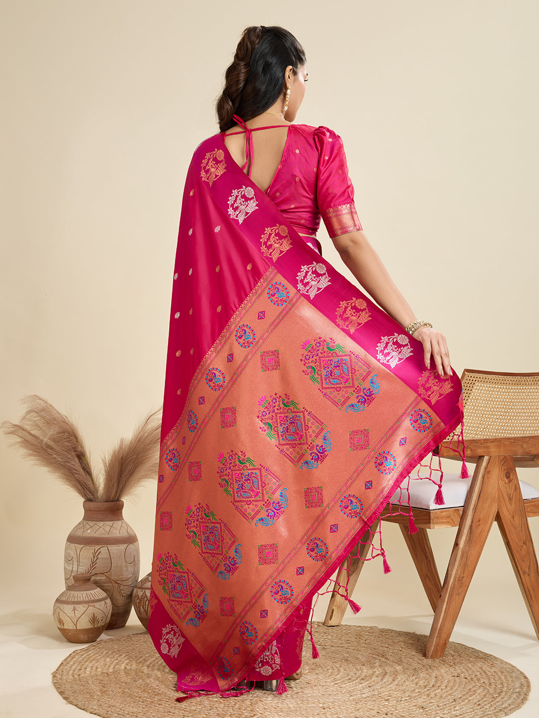 Magenta Banarasi Silk Saree with Silver Butti and Paithani Pallu