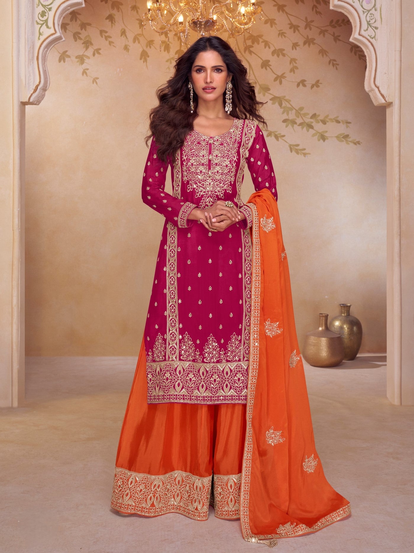 Magenta Chinon Designer Suit Set With Elegant Embroidery