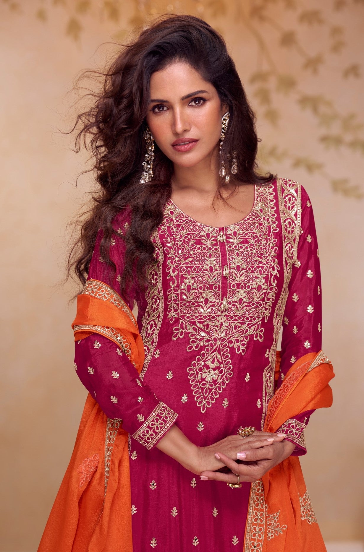 Magenta Chinon Designer Suit Set With Elegant Embroidery