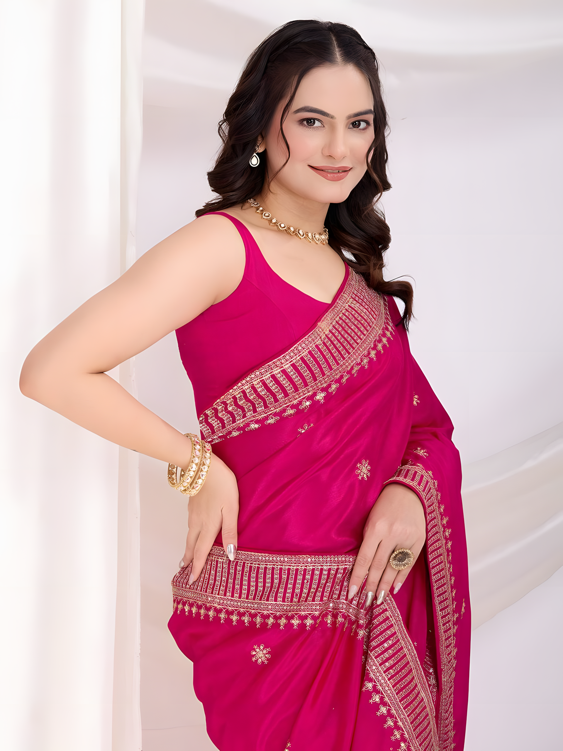 Magenta Chinon Silk  Saree with  C pallu all Over Embroidery and Sequins Work