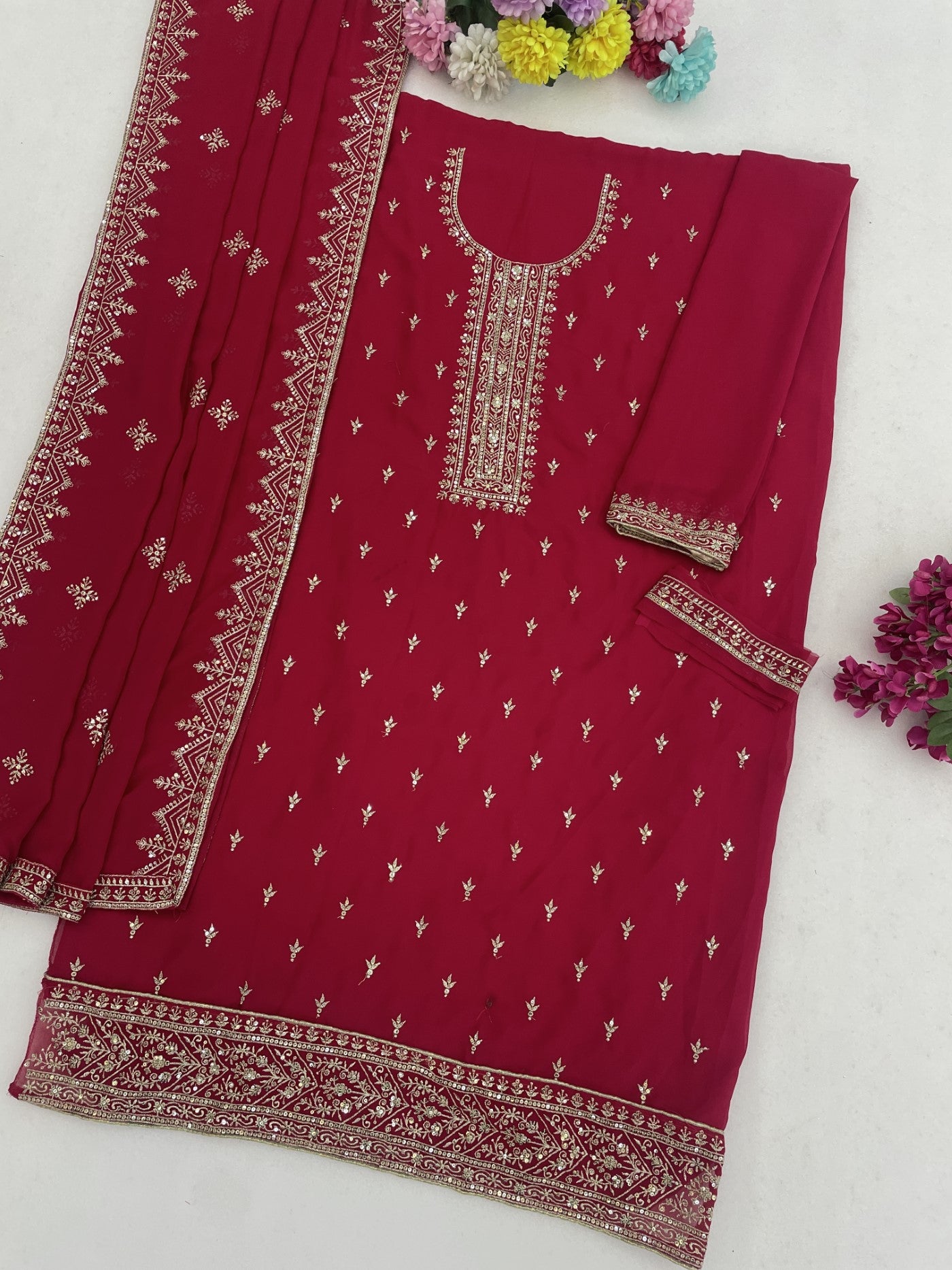 Magenta Georgette Designer Suit Set With Intricate Embroidery