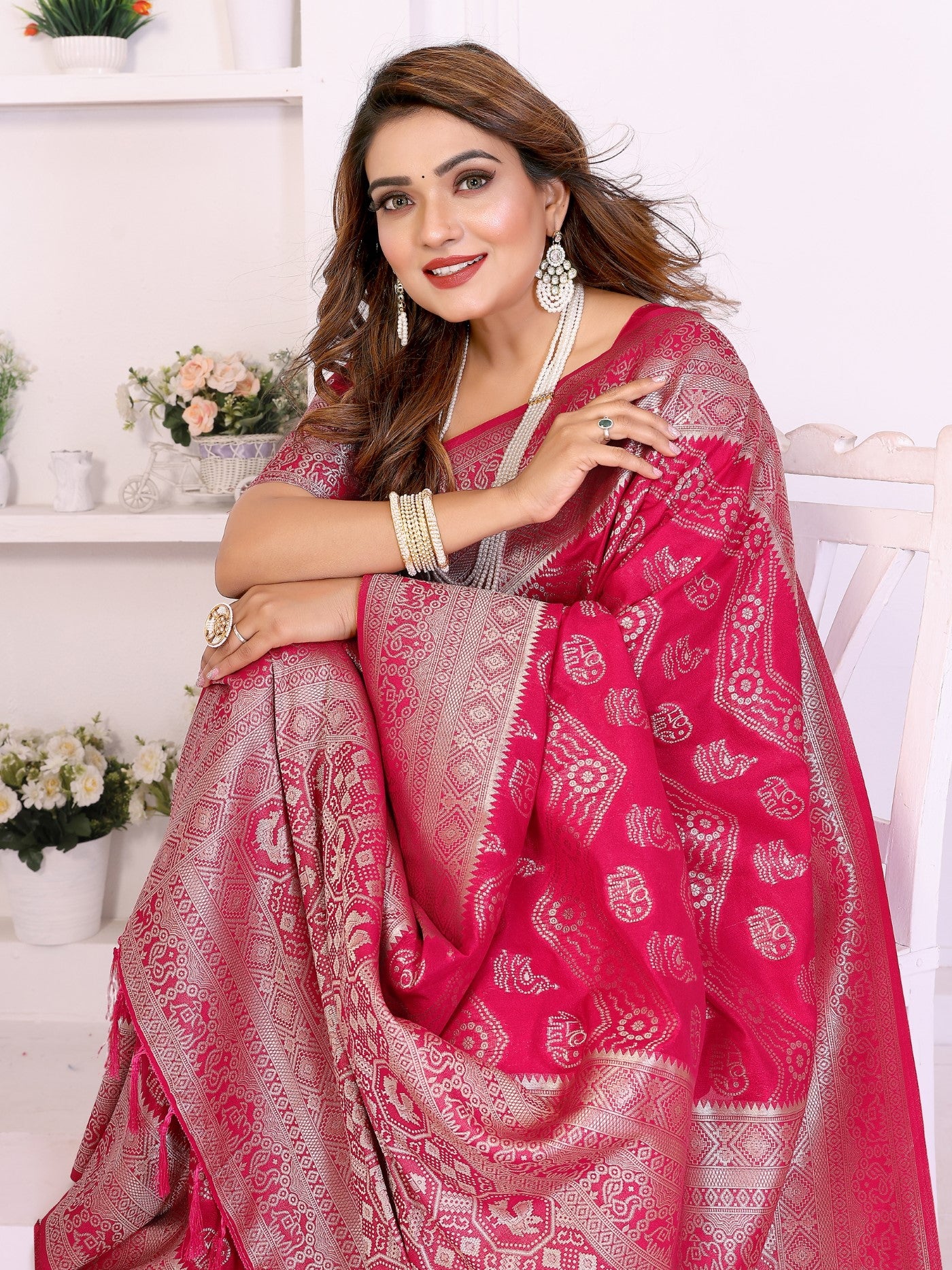 Magenta Georgette Silk Saree With Leheriya And Elegant Zari Weaving
