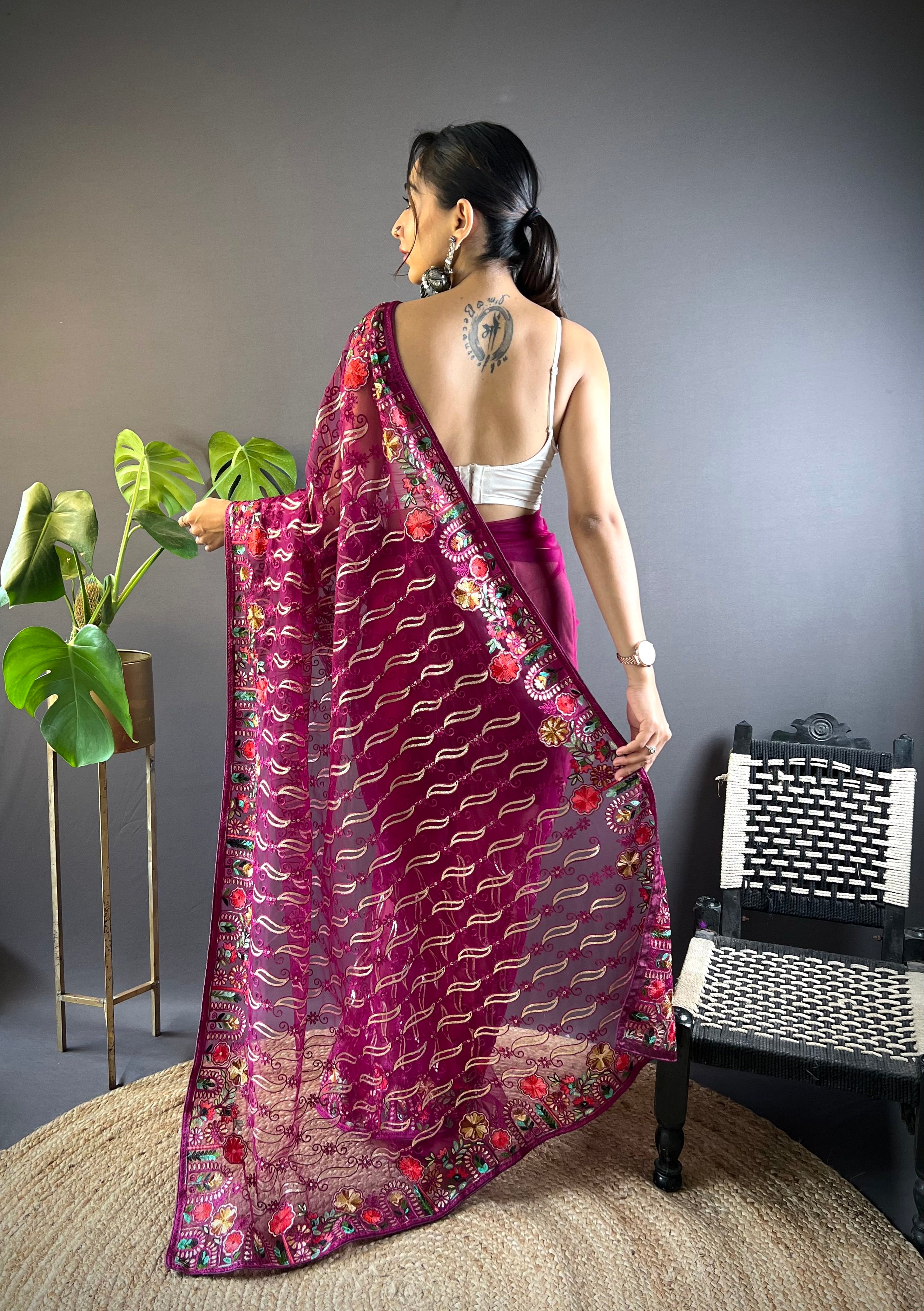 Magenta Girlie Butterfly Net Fabric Stylish Resham Embroidered Partywear Saree