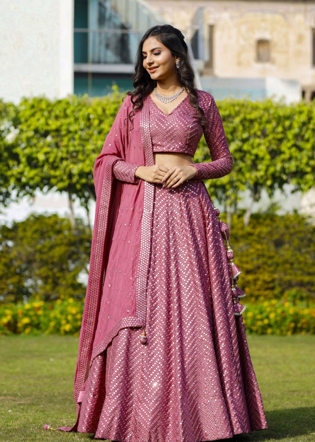 Magenta Lehenga Choli With Sequins With Multi Color Thread And Zari Embroidery Work