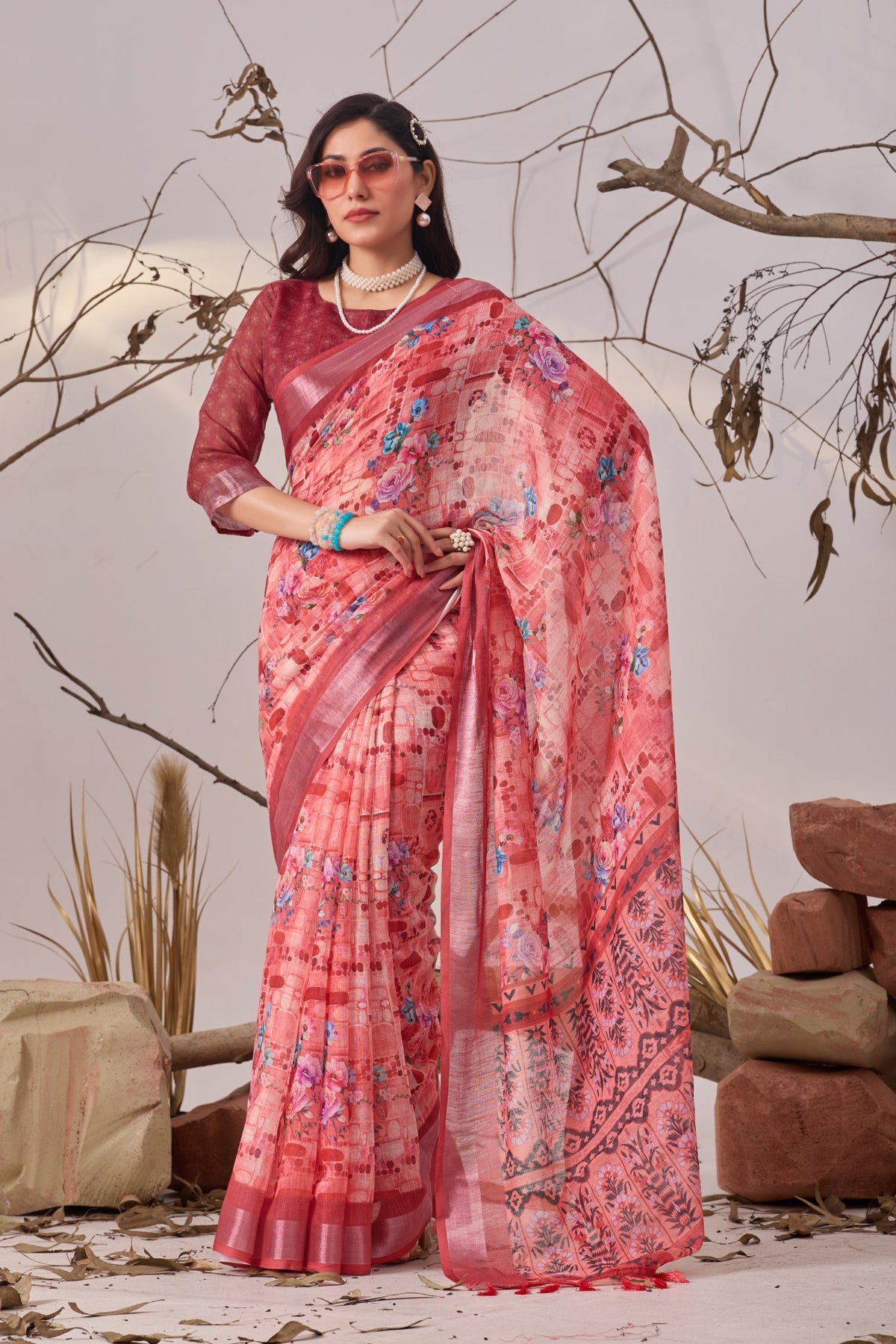Magenta Linen Cotton Saree with Digital Print