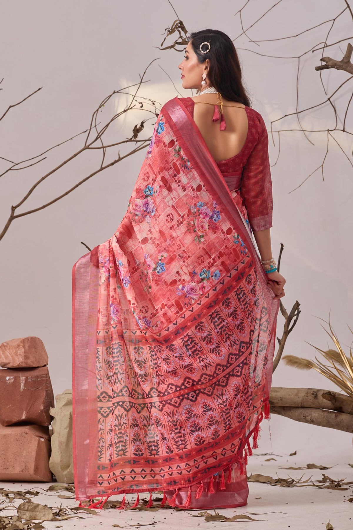 Magenta Linen Cotton Saree with Digital Print