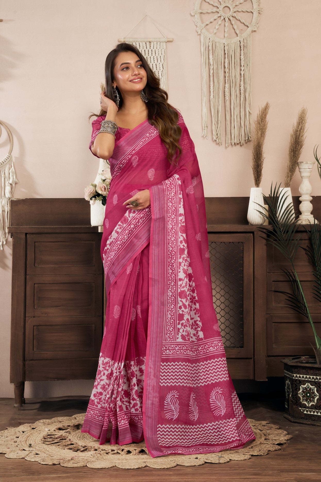 Magenta Linen Ready To Wear Saree With Zari Border Printed