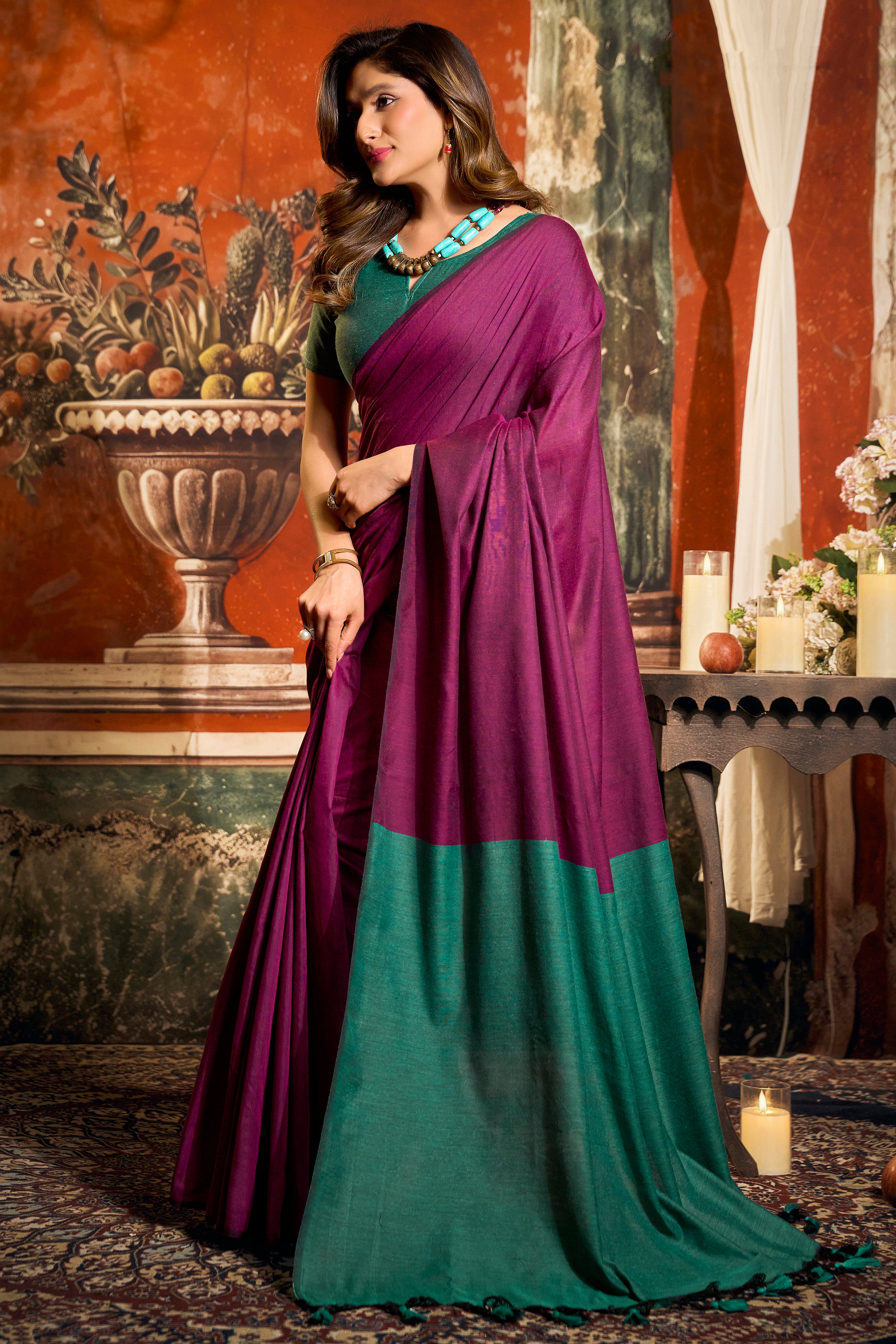 Magenta Mal Cotton Saree with Contrast Pallu Elegance