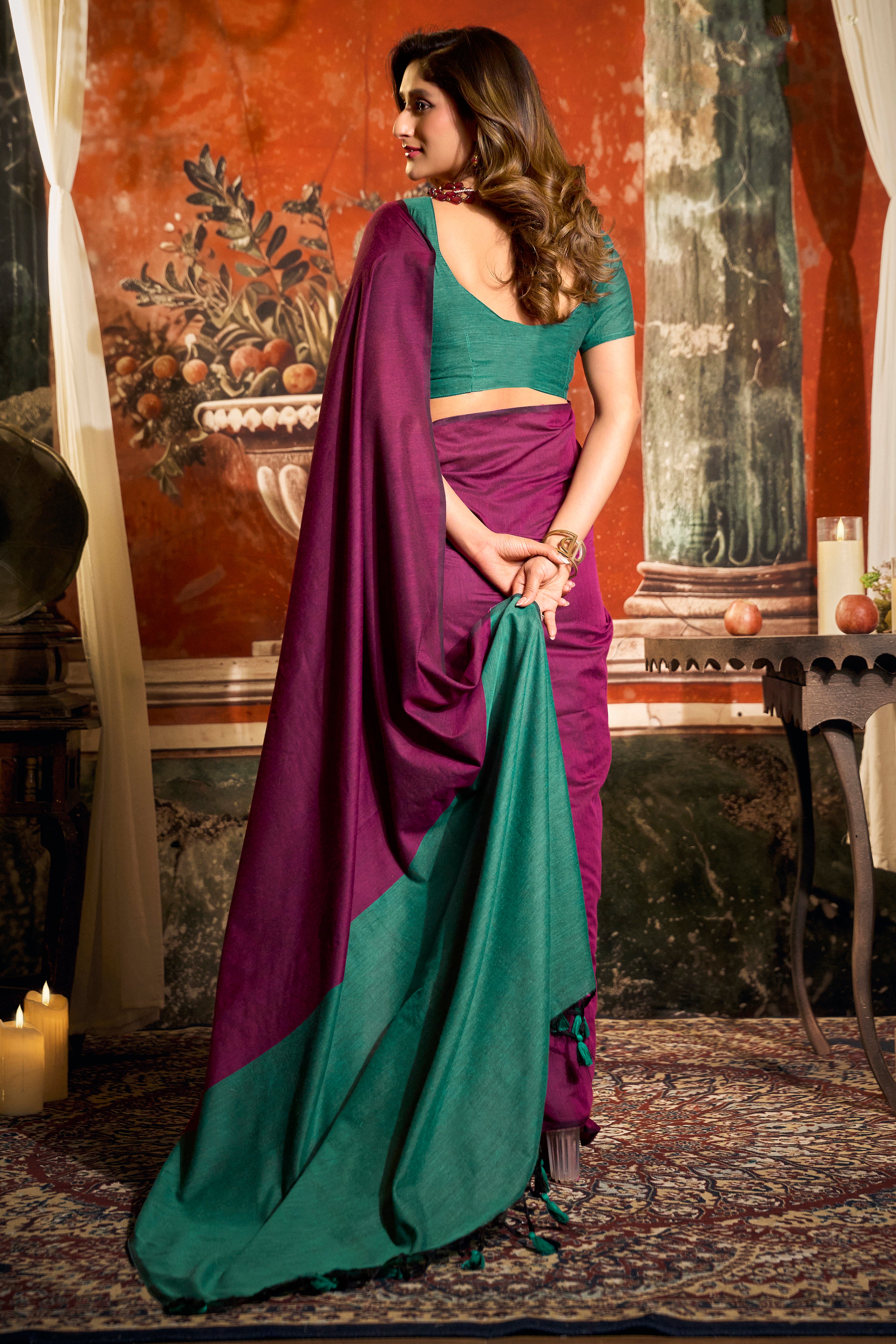 Magenta Mal Cotton Saree with Contrast Pallu Elegance