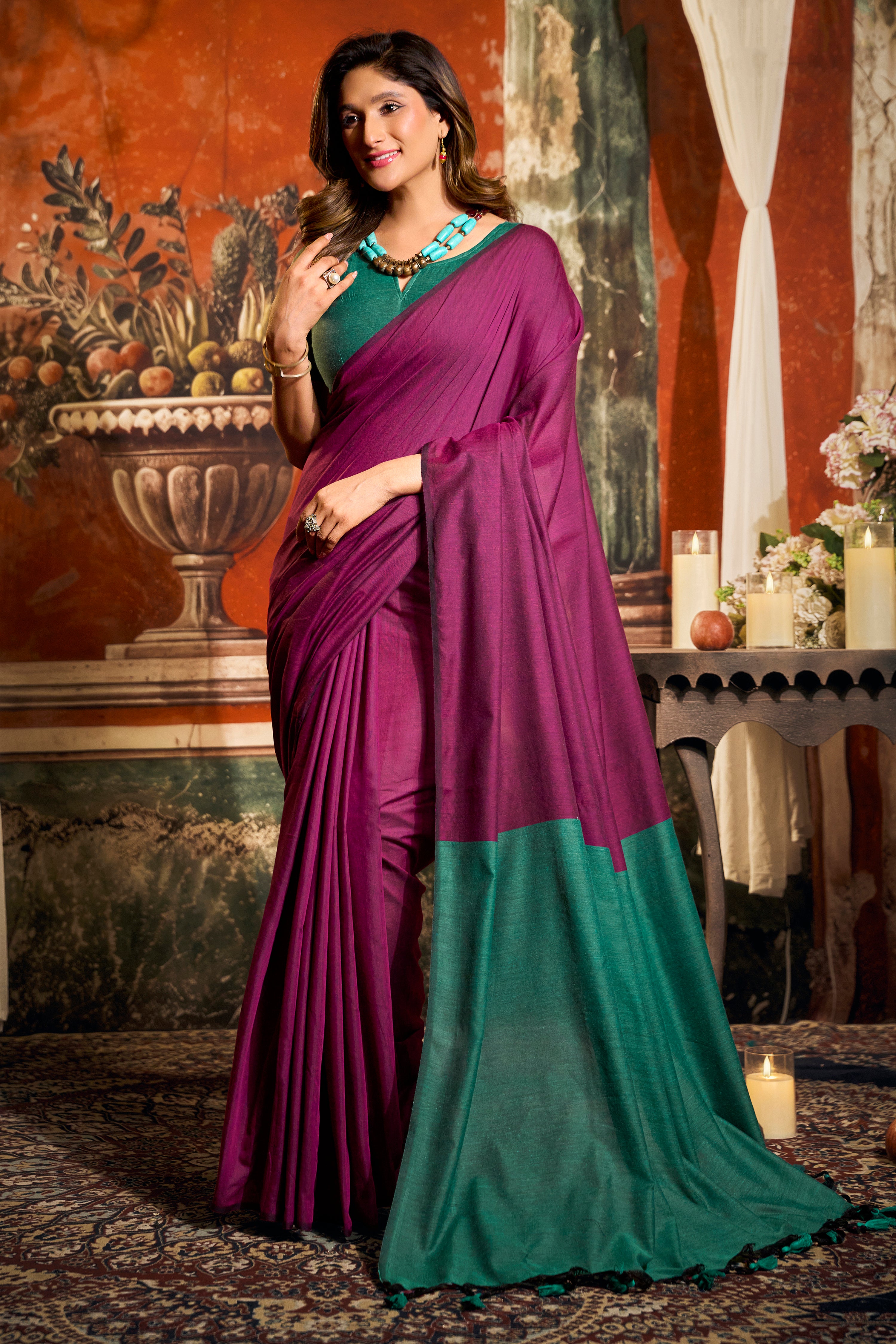 Magenta Mal Cotton Saree with Contrast Pallu Elegance