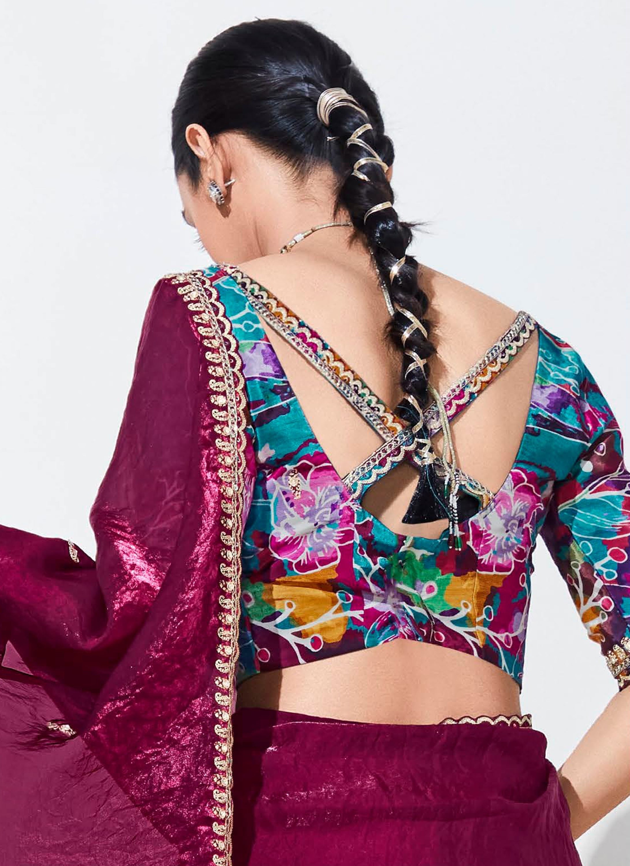 Magenta Organza Saree With  Thread Embroidery with Printed Blouse