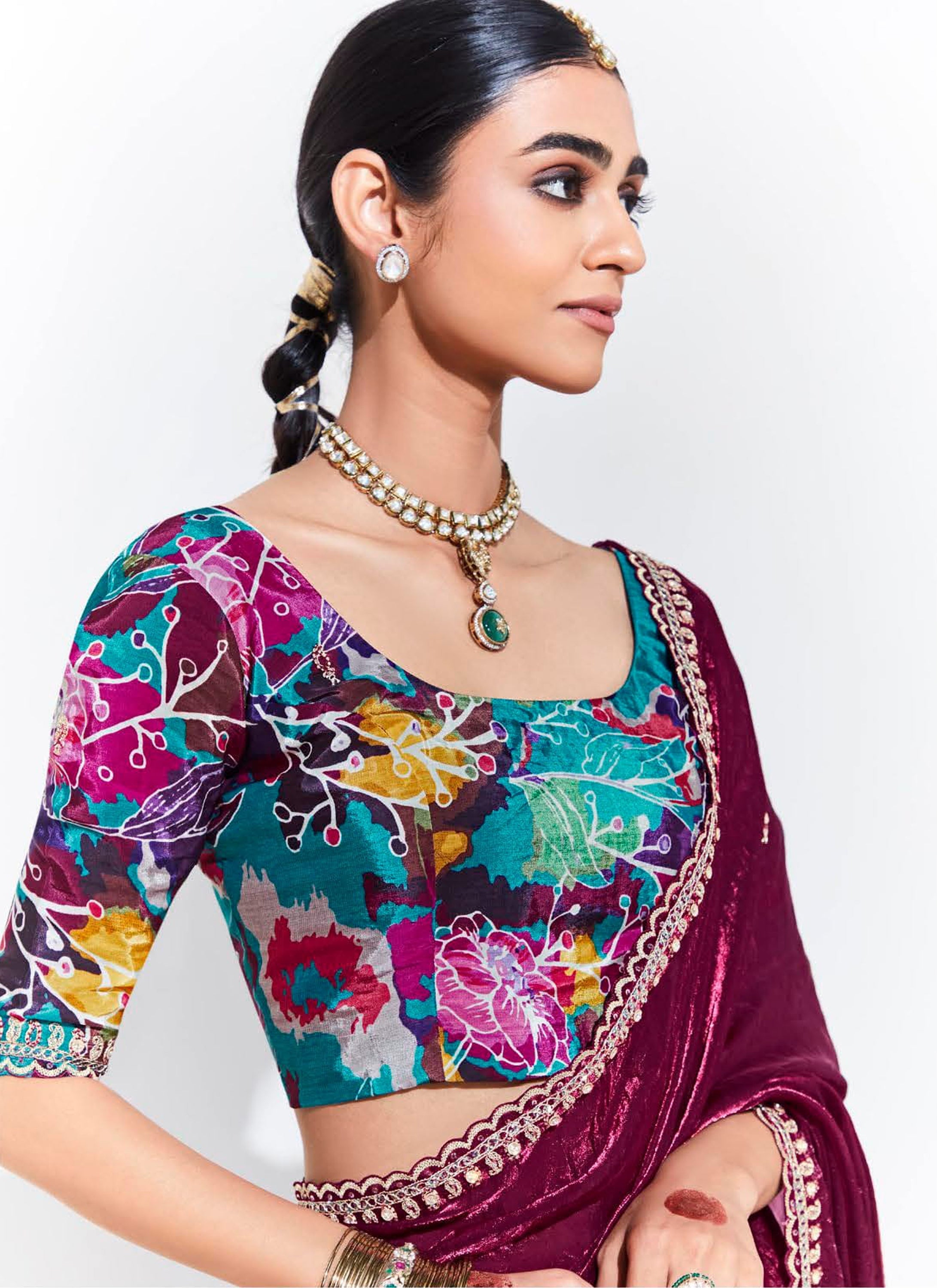 Magenta Organza Saree With  Thread Embroidery with Printed Blouse