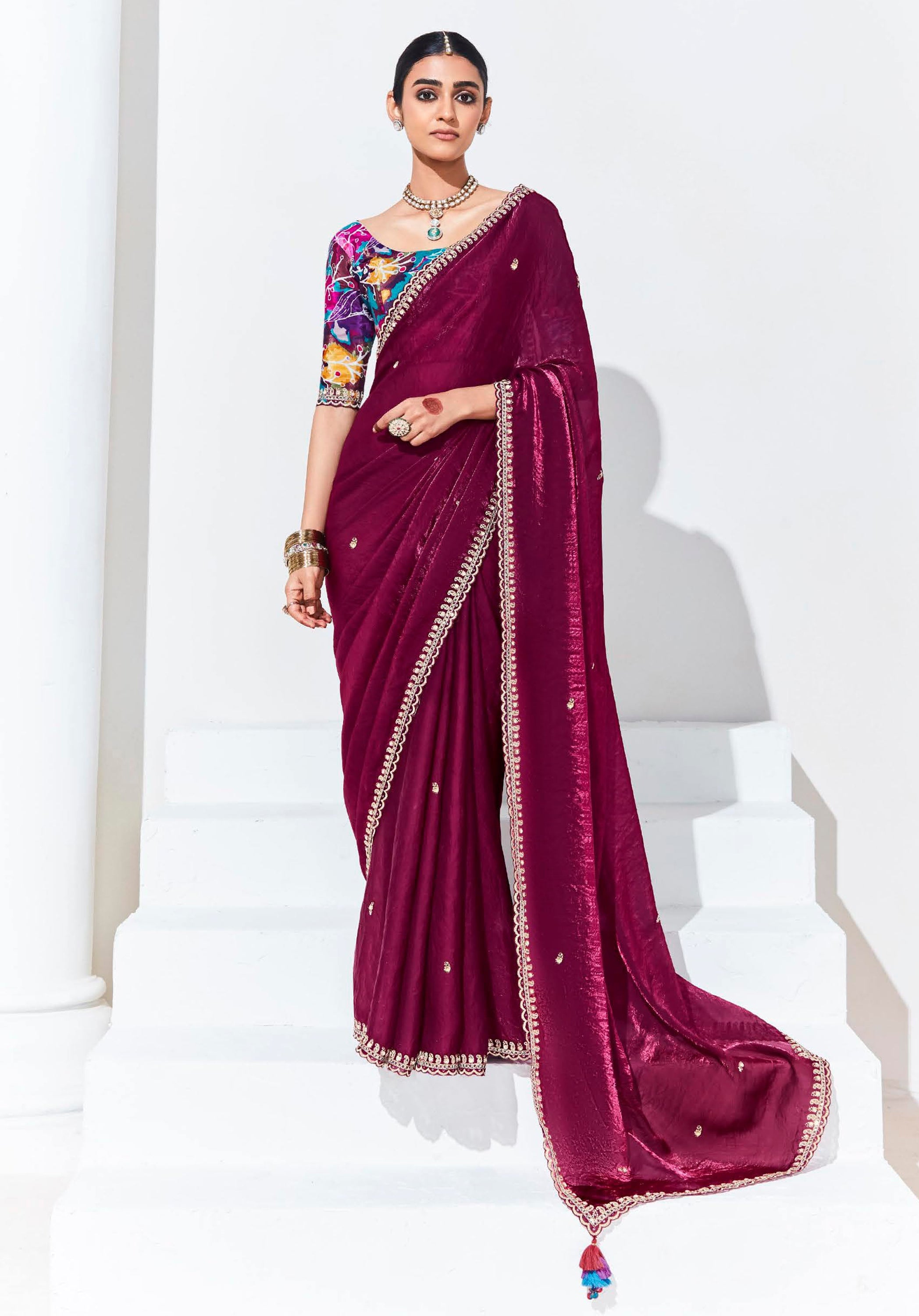 Magenta Organza Saree With  Thread Embroidery with Printed Blouse