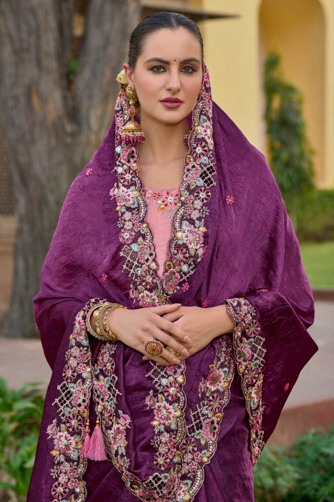 Magenta Organza Silk Saree With  Heavy Thread Embroidery With Sequins Work