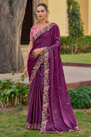 Magenta Organza Silk Saree With  Heavy Thread Embroidery With Sequins Work