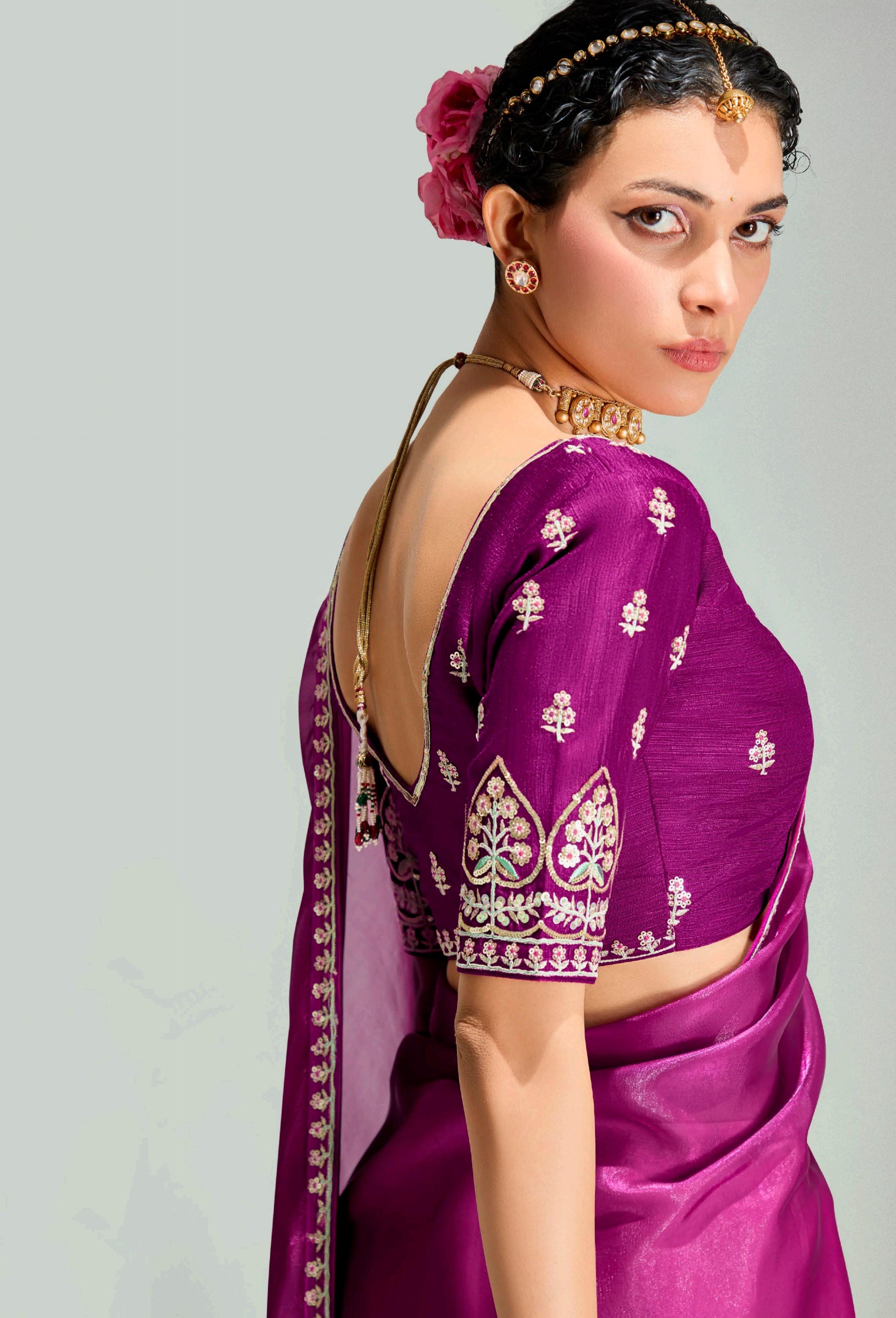 Magenta  Pink Organza Saree with Embroidered Blouse