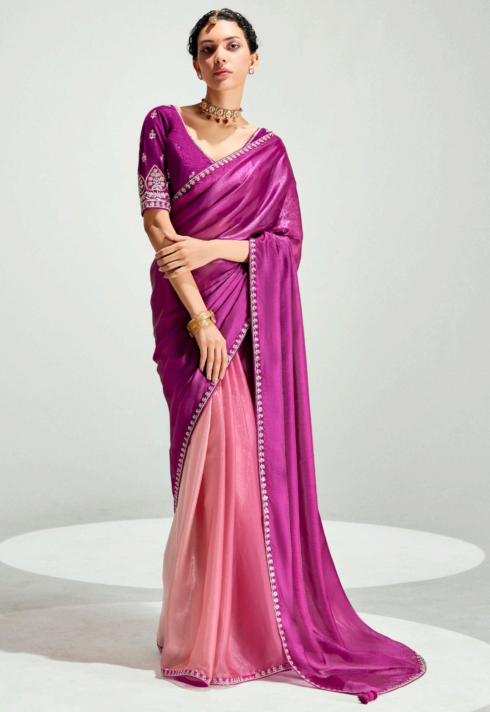 Magenta  Pink Organza Saree with Embroidered Blouse