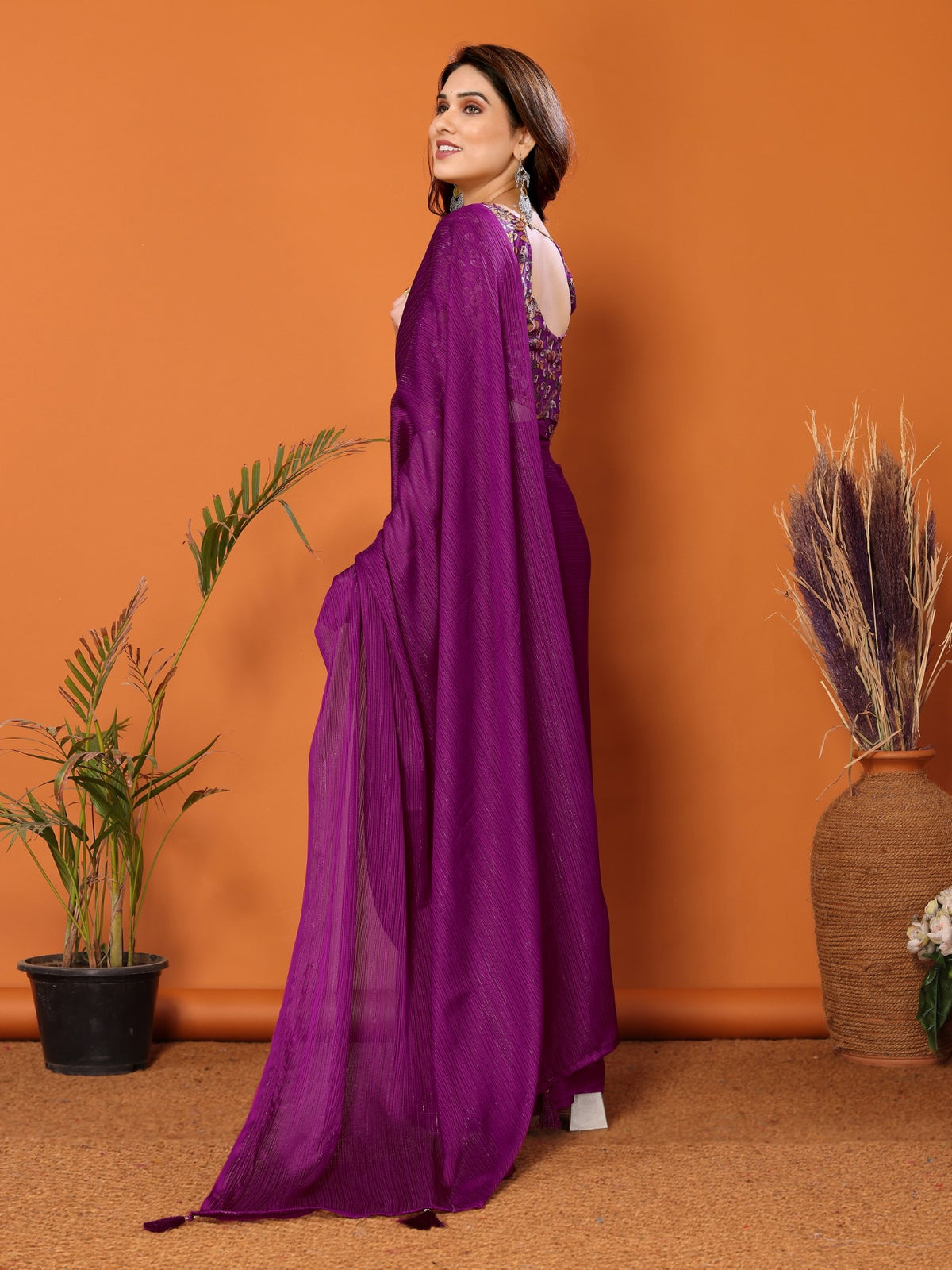 Magenta Polyester Zari Saree With Plain Saree With Kalamkari Print Blouse