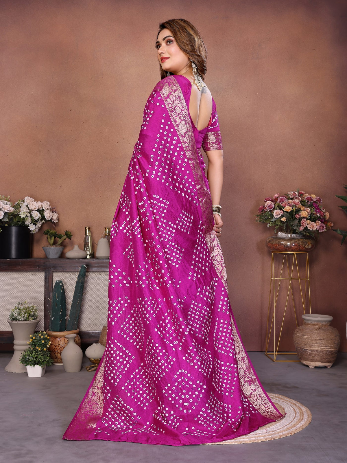 Magenta Pure Dola Silk Saree With Handmade Original Bandhej