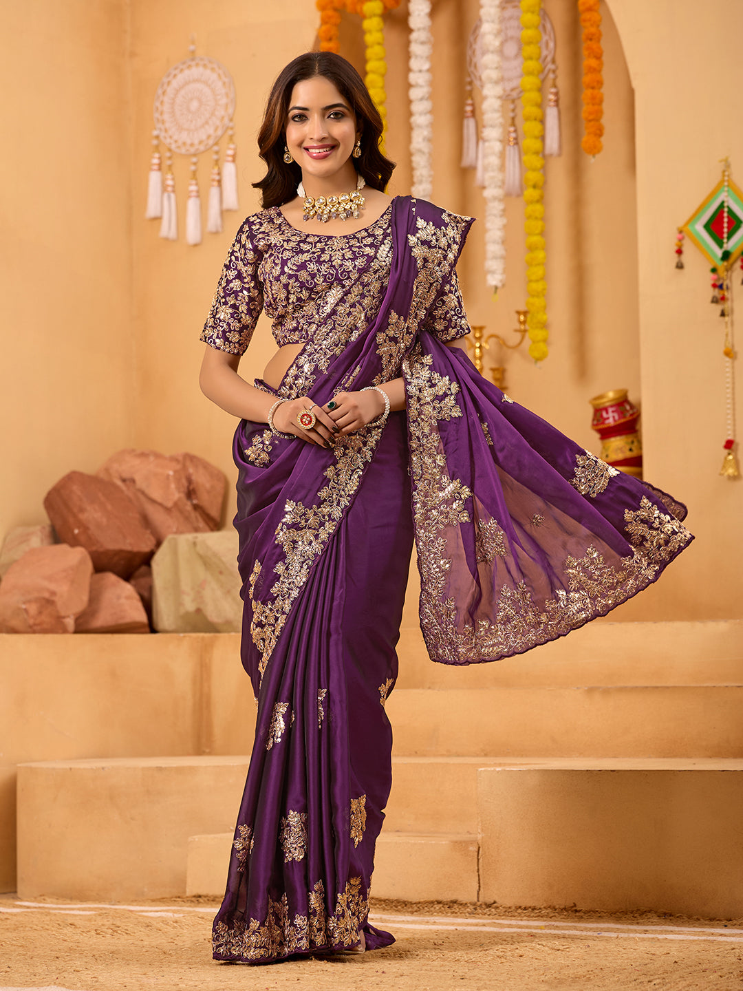Magenta Rangoli Silk Party Wear Saree With Sequins Embroidery