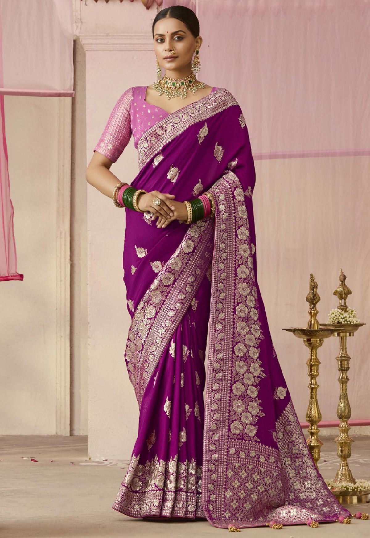 Magenta Saree With Jacquard Woven Work
