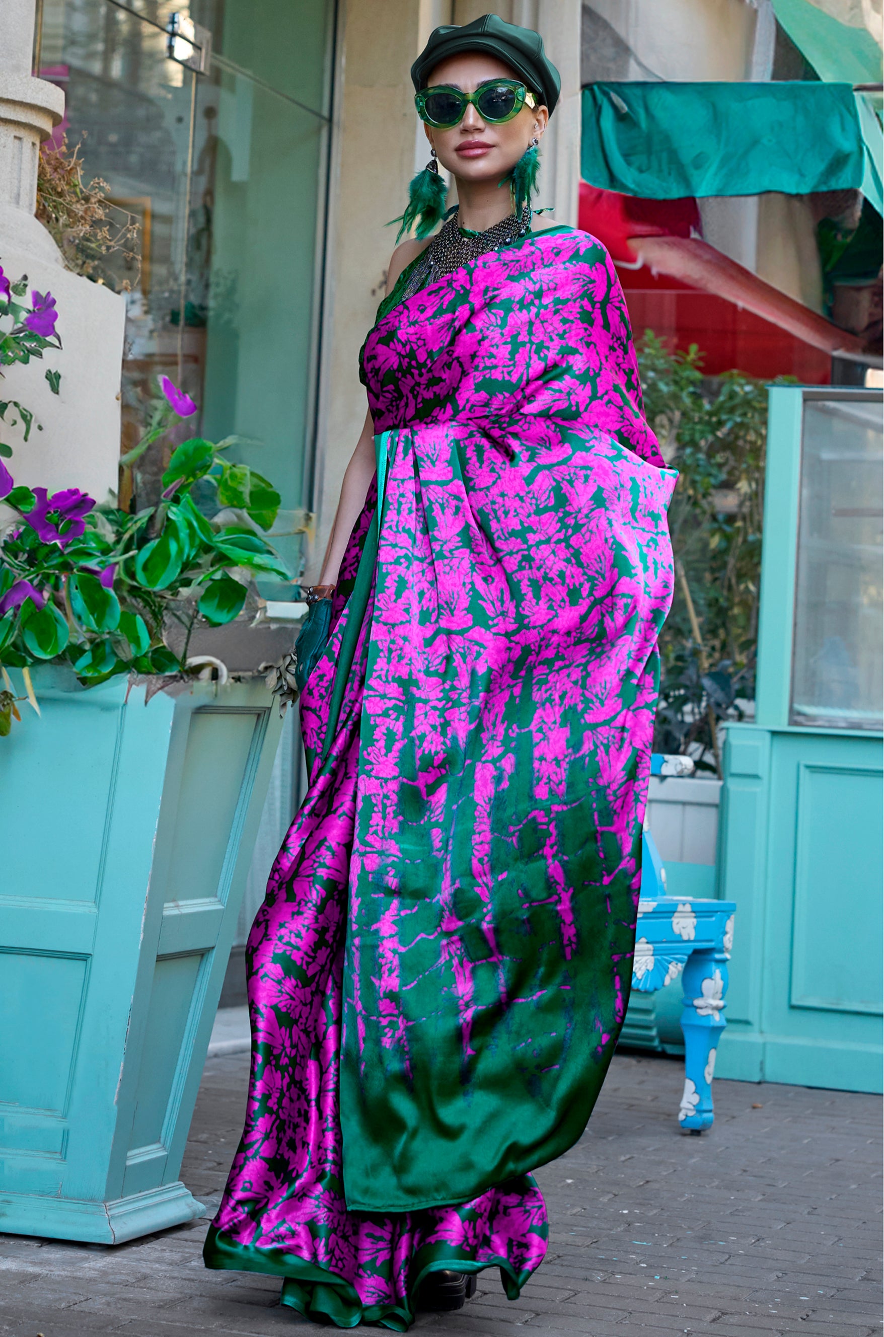 Magenta Satin Saree With  Digital Print