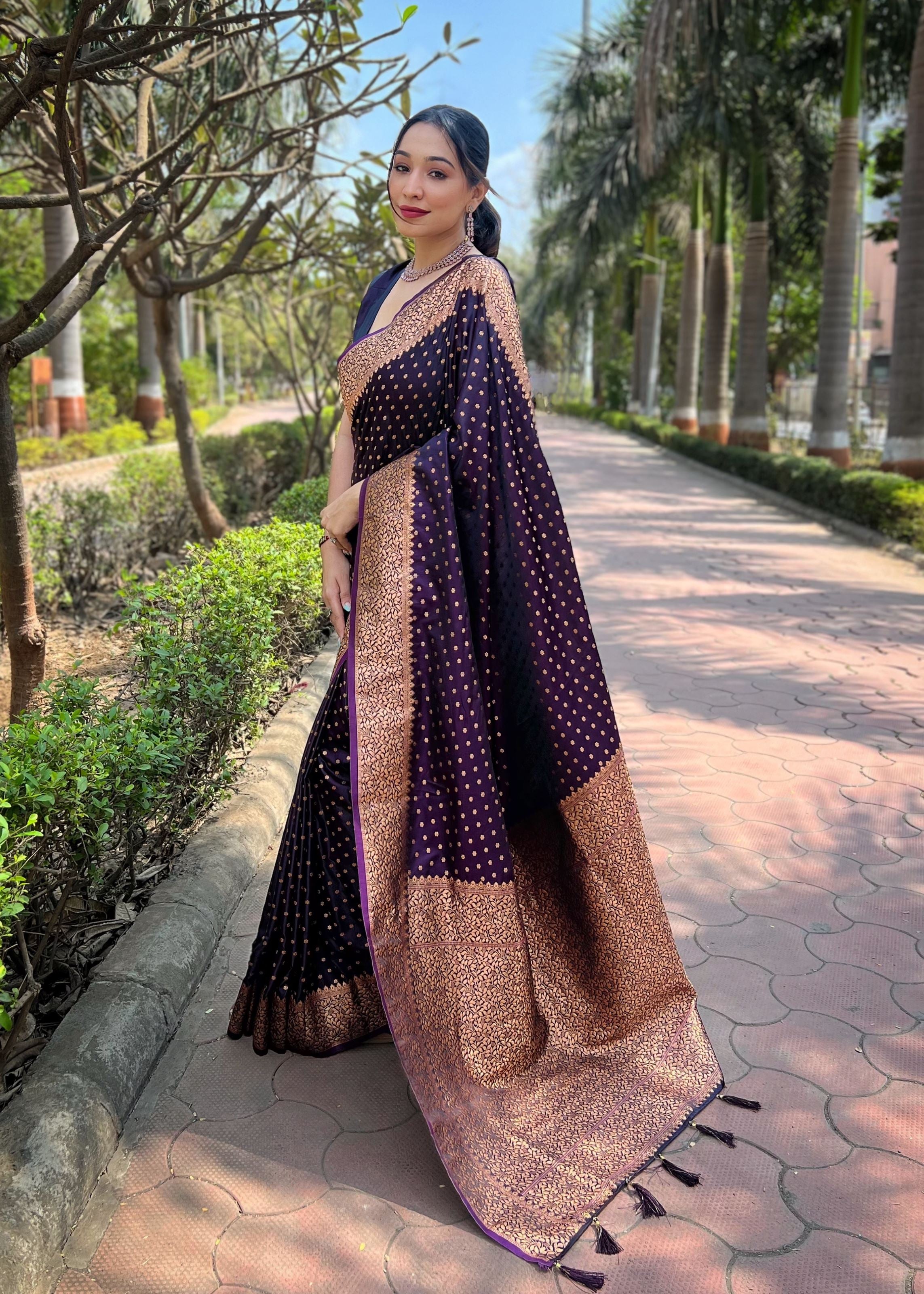 Magenta Satin Saree With Woven Work