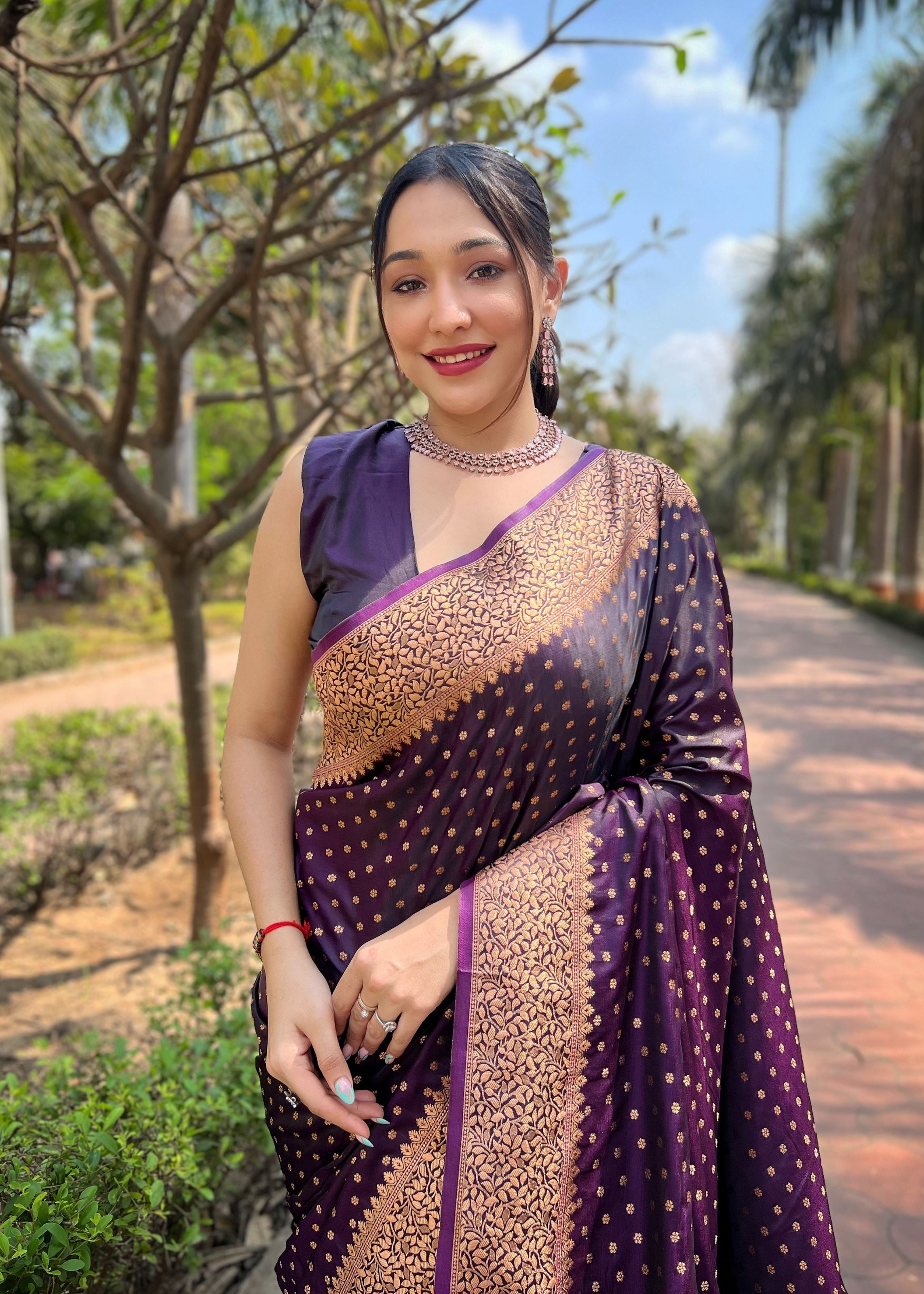 Magenta Satin Saree With Woven Work