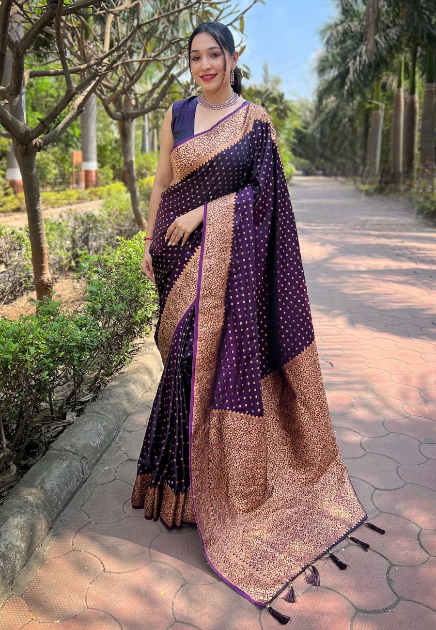Magenta Satin Saree With Woven Work