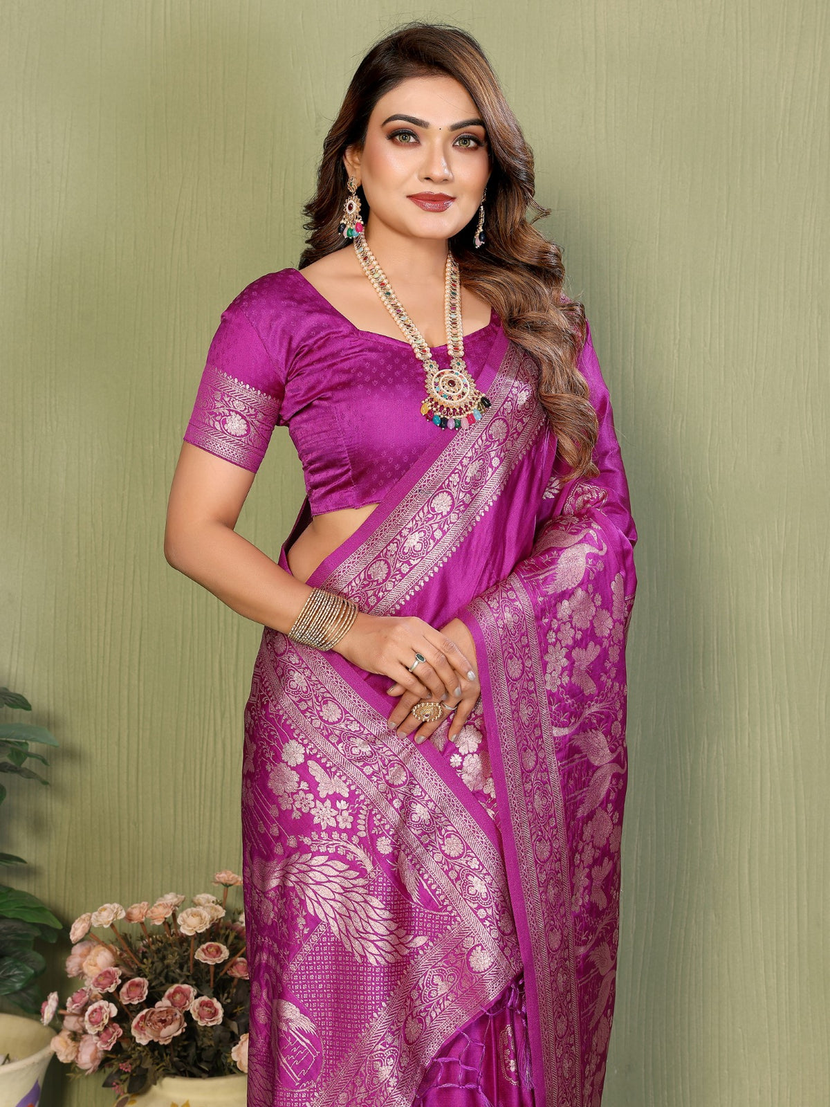 Magenta Satin Silk Saree With Traditional Zari Weaving Butta