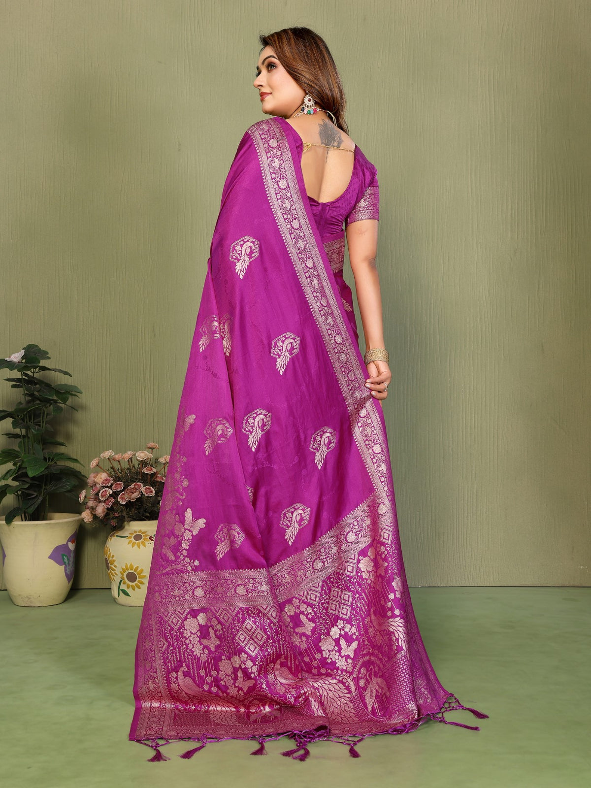 Magenta Satin Silk Saree With Traditional Zari Weaving Butta