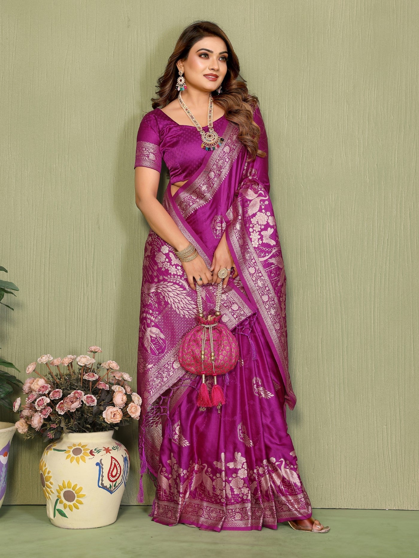 Magenta Satin Silk Saree With Traditional Zari Weaving Butta