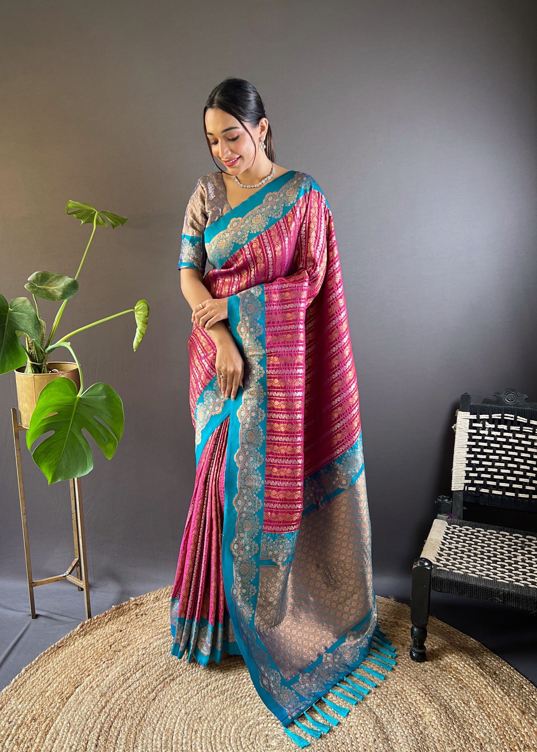 Magenta Silk Blend Saree With Zari and Woven Work