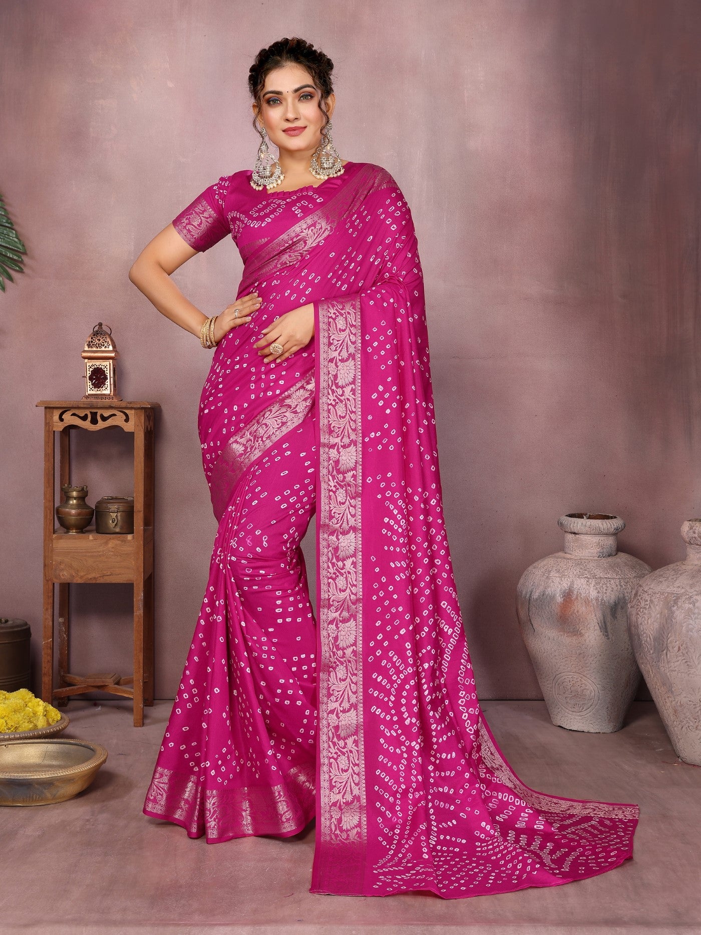 Magenta Silk Saree With Bandhej And Classic Zari Weaving