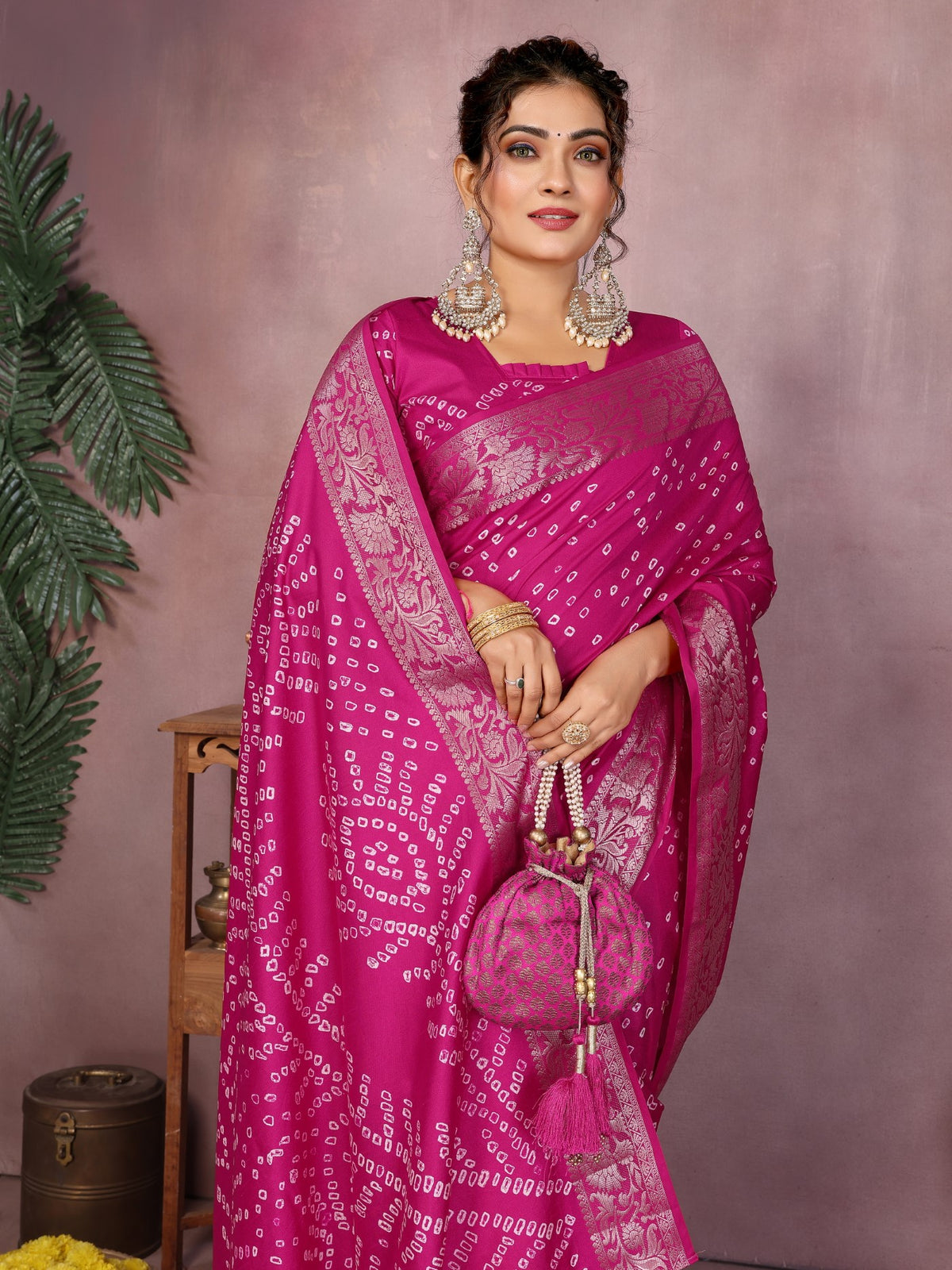 Magenta Silk Saree With Bandhej And Classic Zari Weaving
