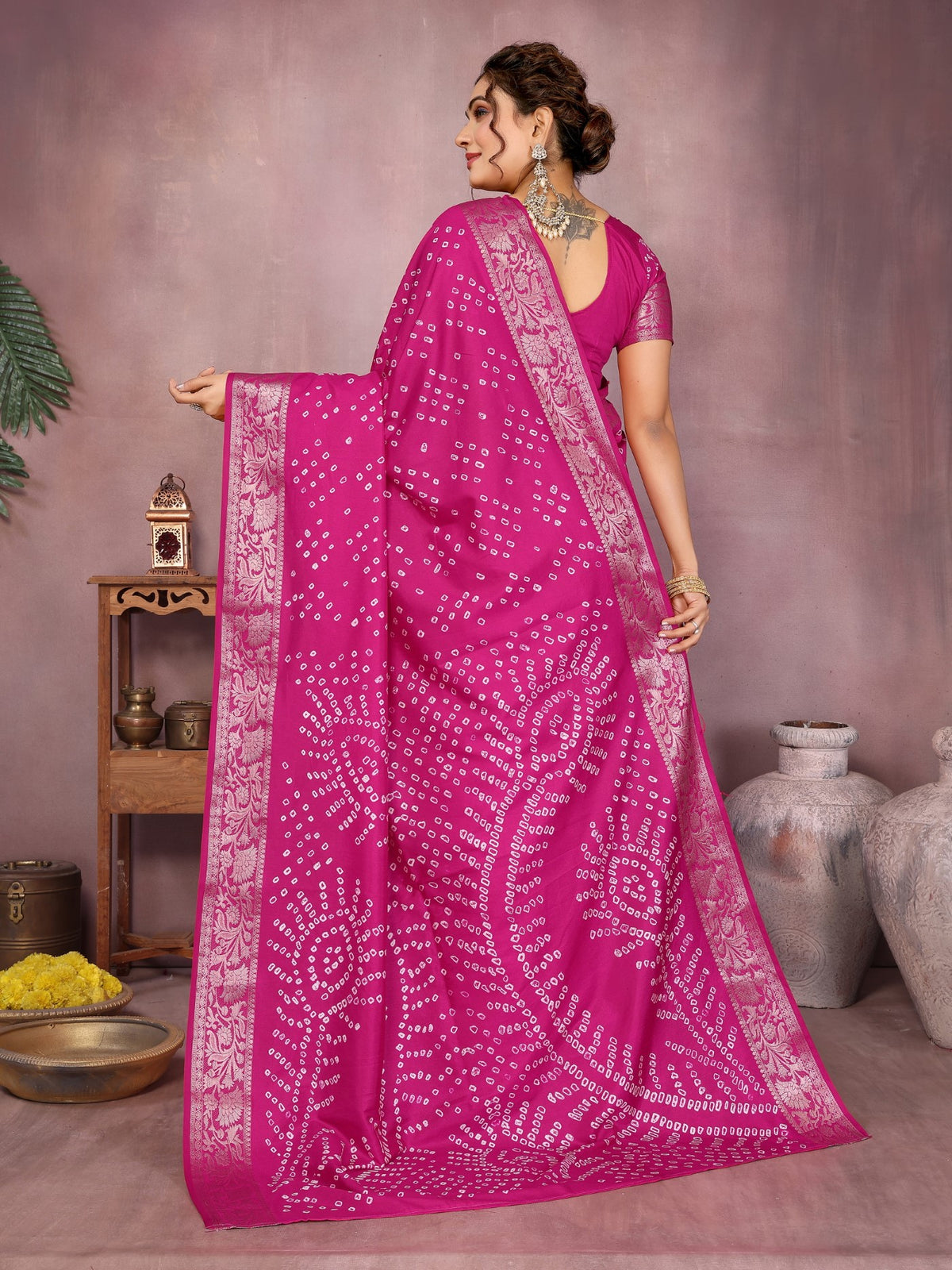 Magenta Silk Saree With Bandhej And Classic Zari Weaving