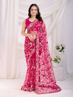 Magenta Soft Net Saree with C Pallu Embroidery with sequins  Work