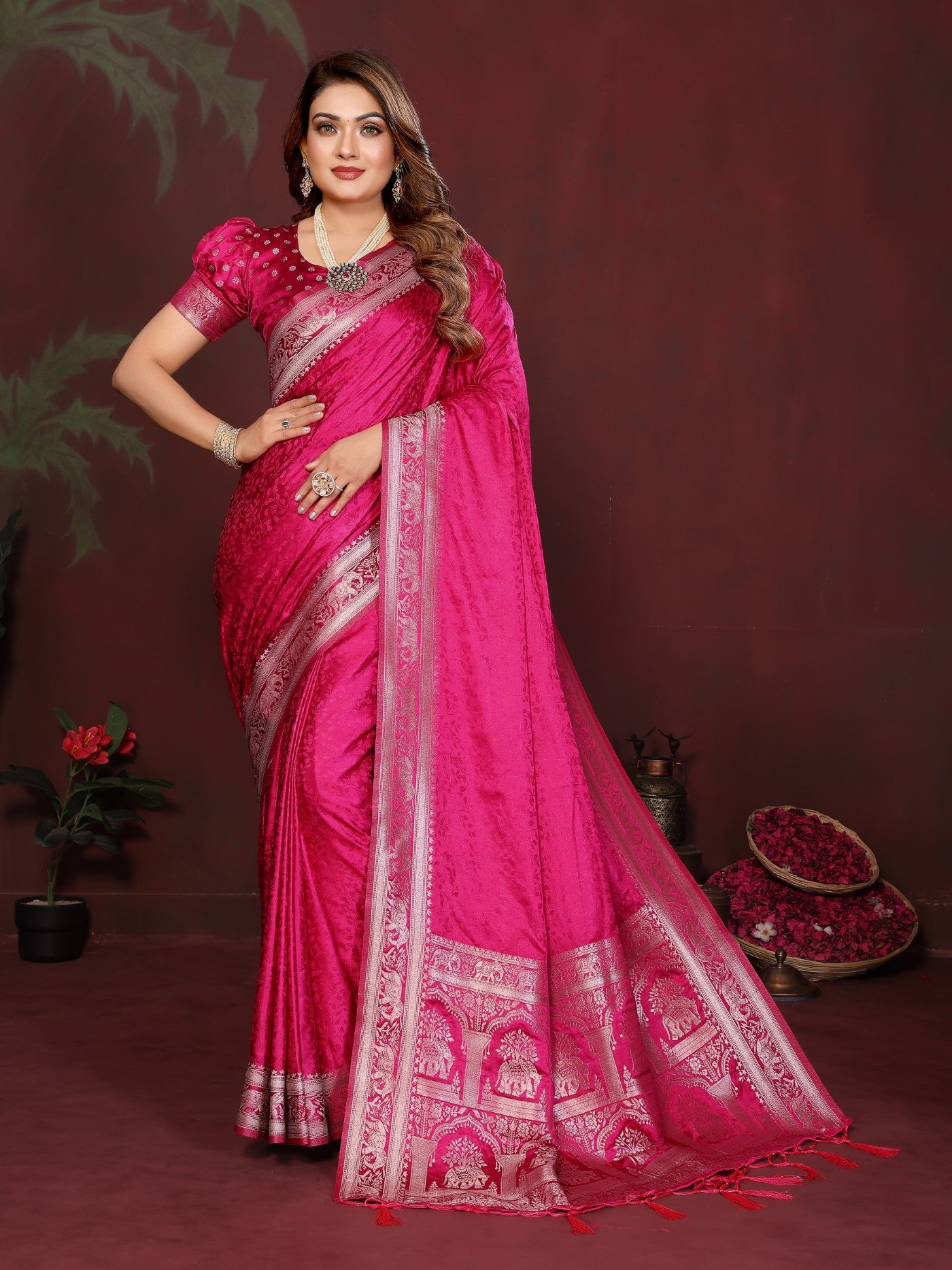 Magenta Soft Satin Silk Saree With Designer Zari Weaving