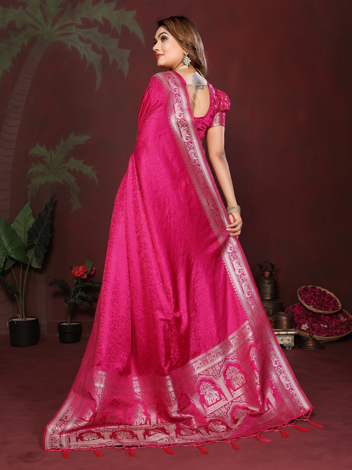 Magenta Soft Satin Silk Saree With Designer Zari Weaving