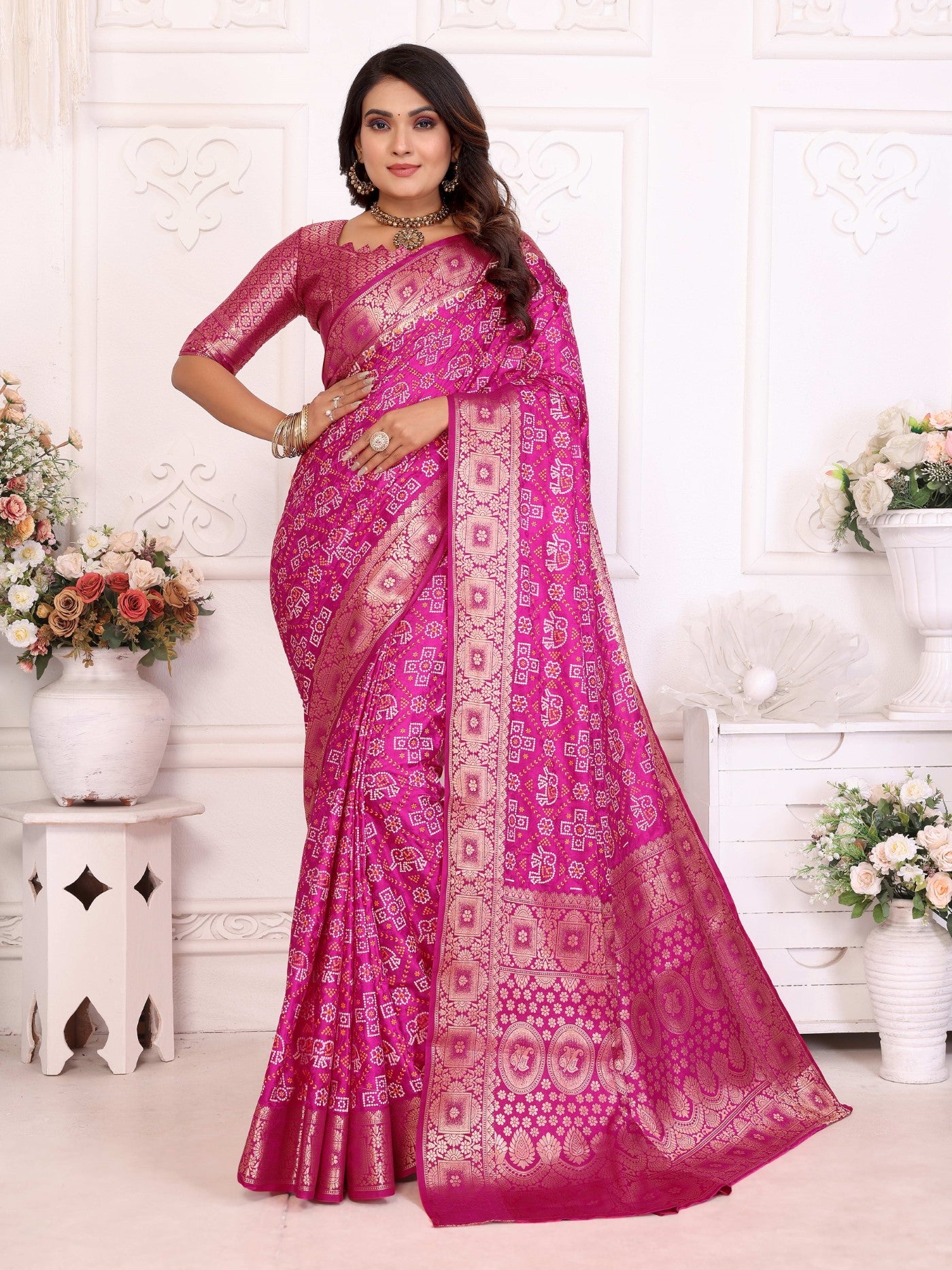 Magenta Soft Satin Silk Saree With Premium Allover Zari Weaving