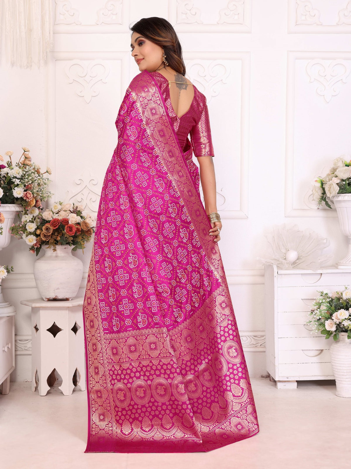 Magenta Soft Satin Silk Saree With Premium Allover Zari Weaving