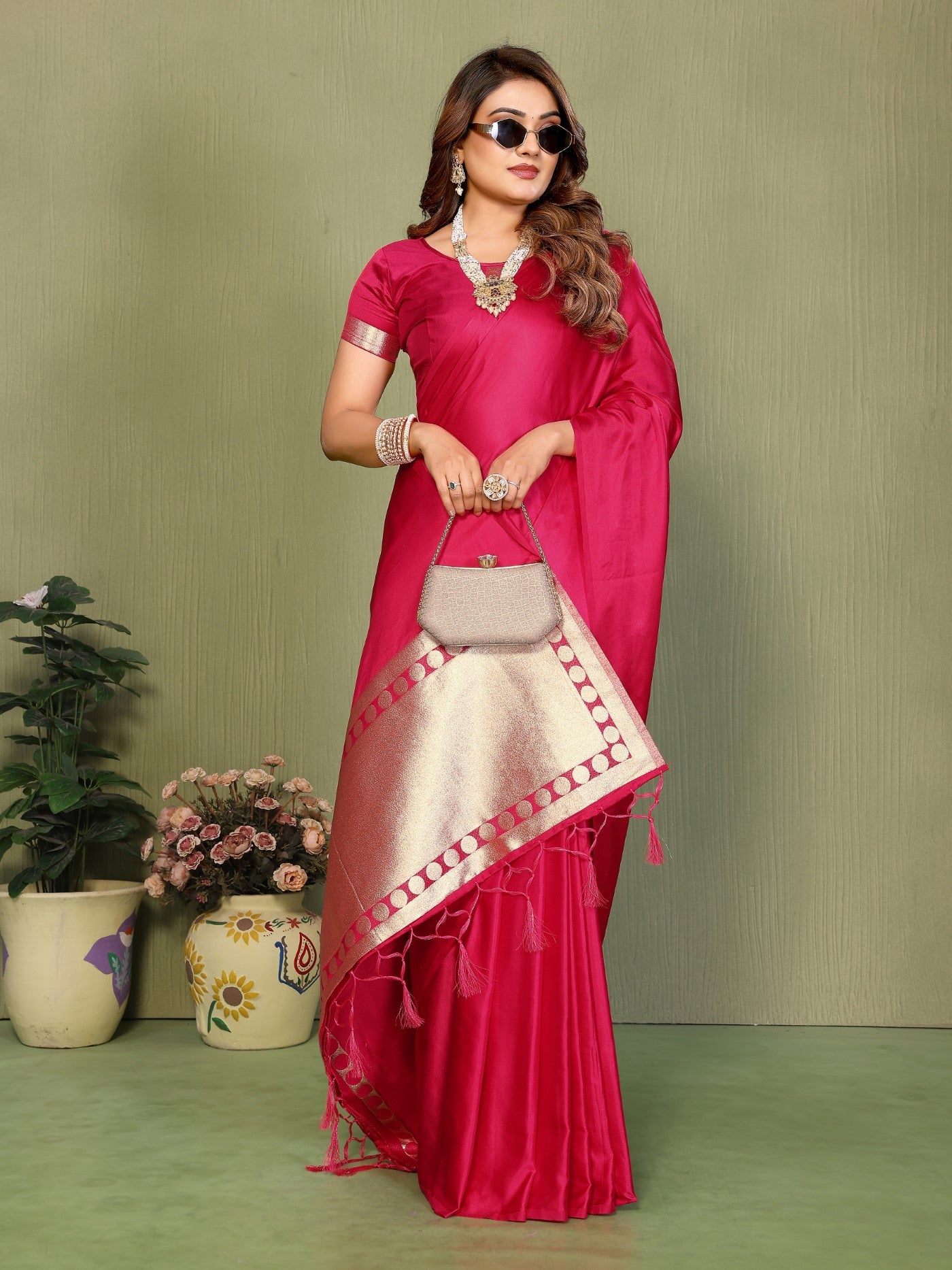 Magenta Soft Satin Silk Saree With Premium Zari Weaving